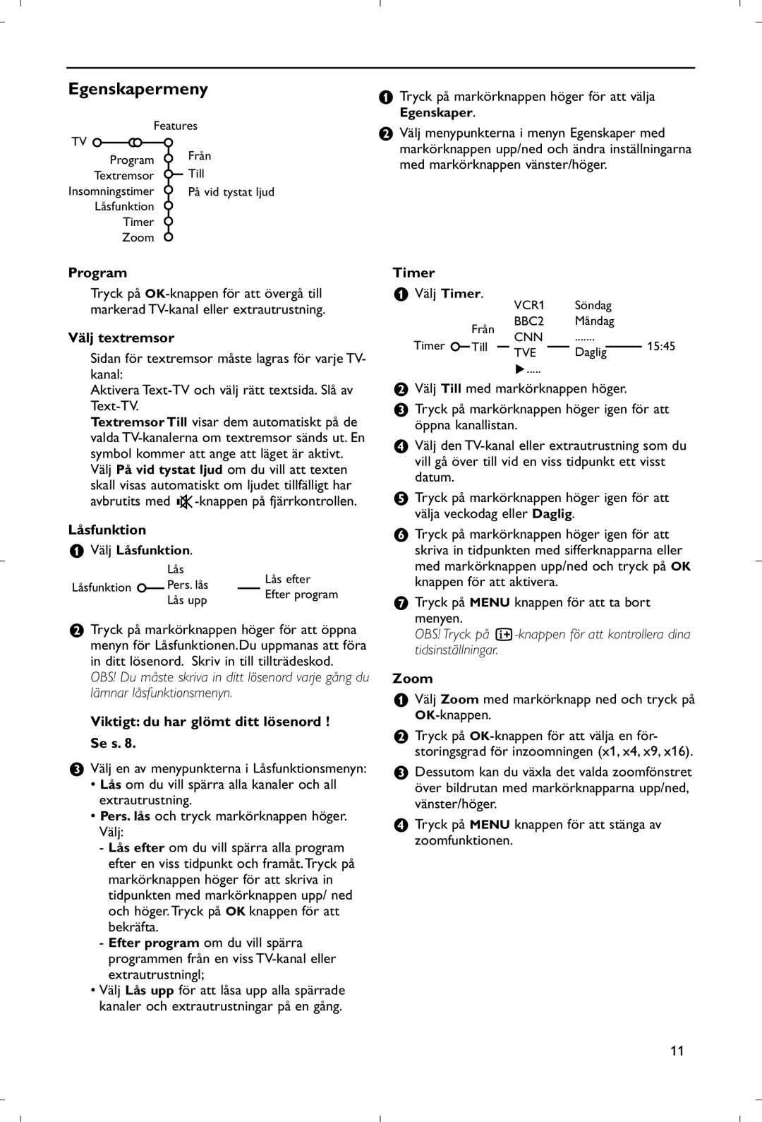 Philips 28PW9520/12 Egenskapermeny, Program, Välj textremsor, Låsfunktion, Viktigt du har glömt ditt lösenord Se s 