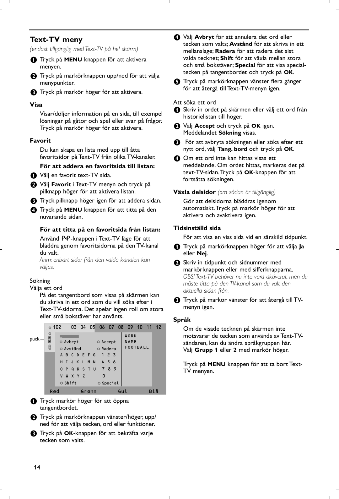 Philips 28PW9520/12 instruction manual Text-TV meny, Visa, För att addera en favoritsida till listan, Tidsinställd sida 