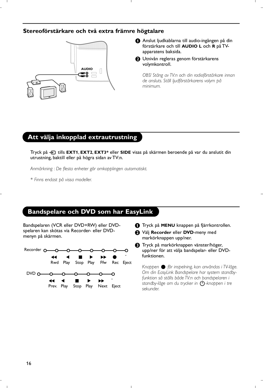 Philips 28PW9520/12 instruction manual Att välja inkopplad extrautrustning, Bandspelare och DVD som har EasyLink 