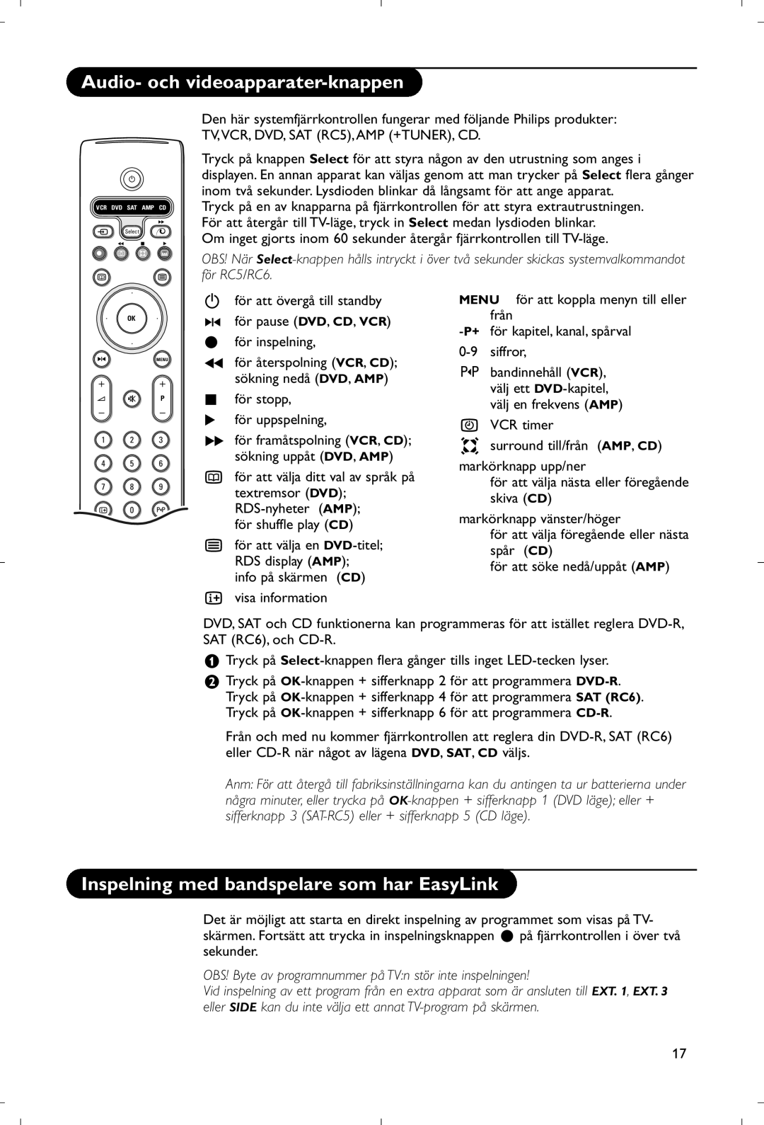 Philips 28PW9520/12 instruction manual Audio- och videoapparater-knappen, Inspelning med bandspelare som har EasyLink 