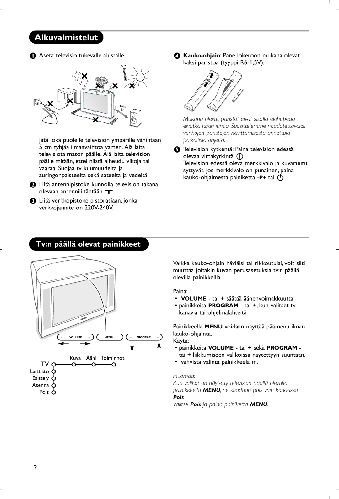 Philips 28PW9520/12 instruction manual Alkuvalmistelut, Tvn päällä olevat painikkeet, Aseta televisio tukevalle alustalle 