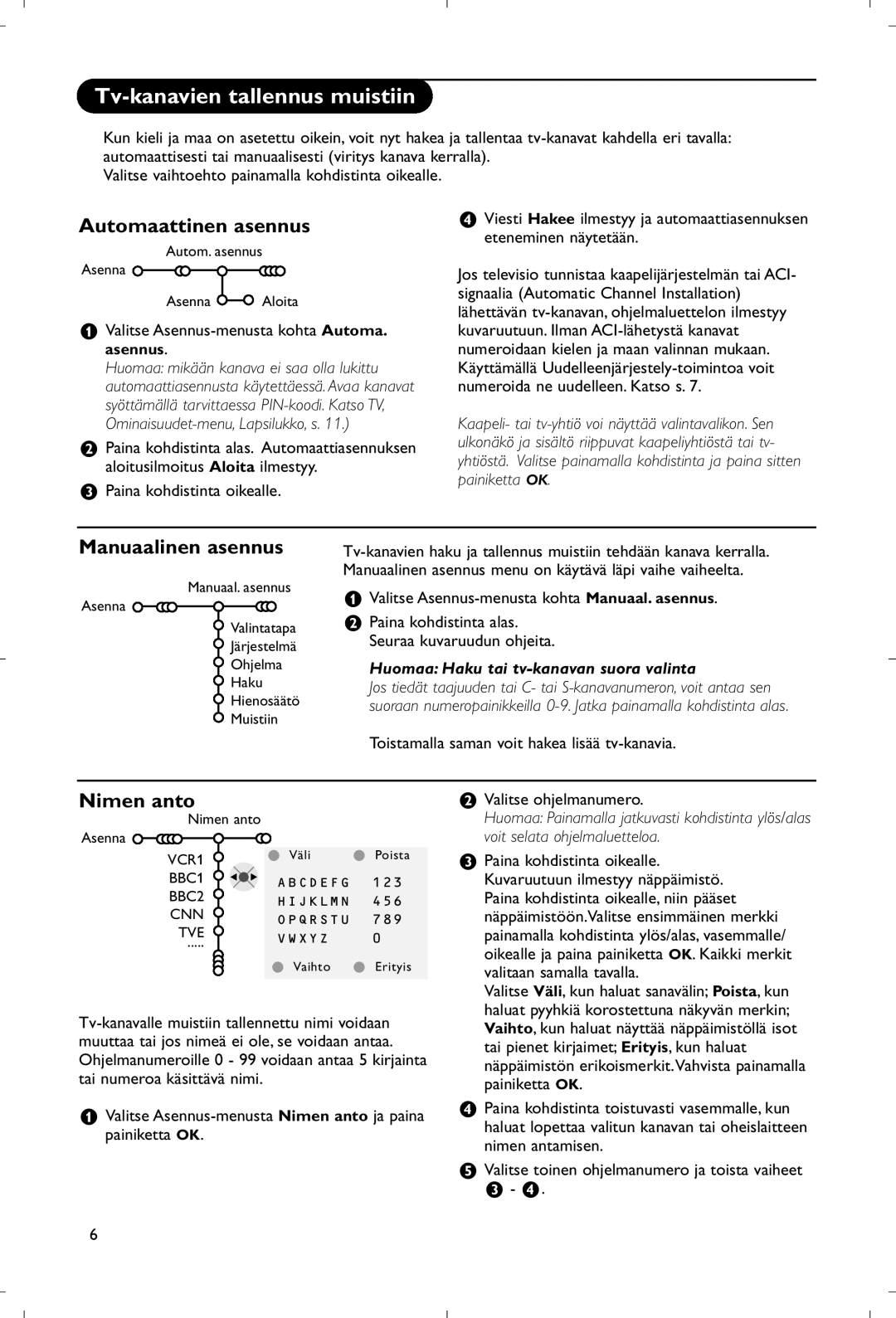 Philips 28PW9520/12 Tv-kanavien tallennus muistiin, Automaattinen asennus, Manuaalinen asennus, Nimen anto 