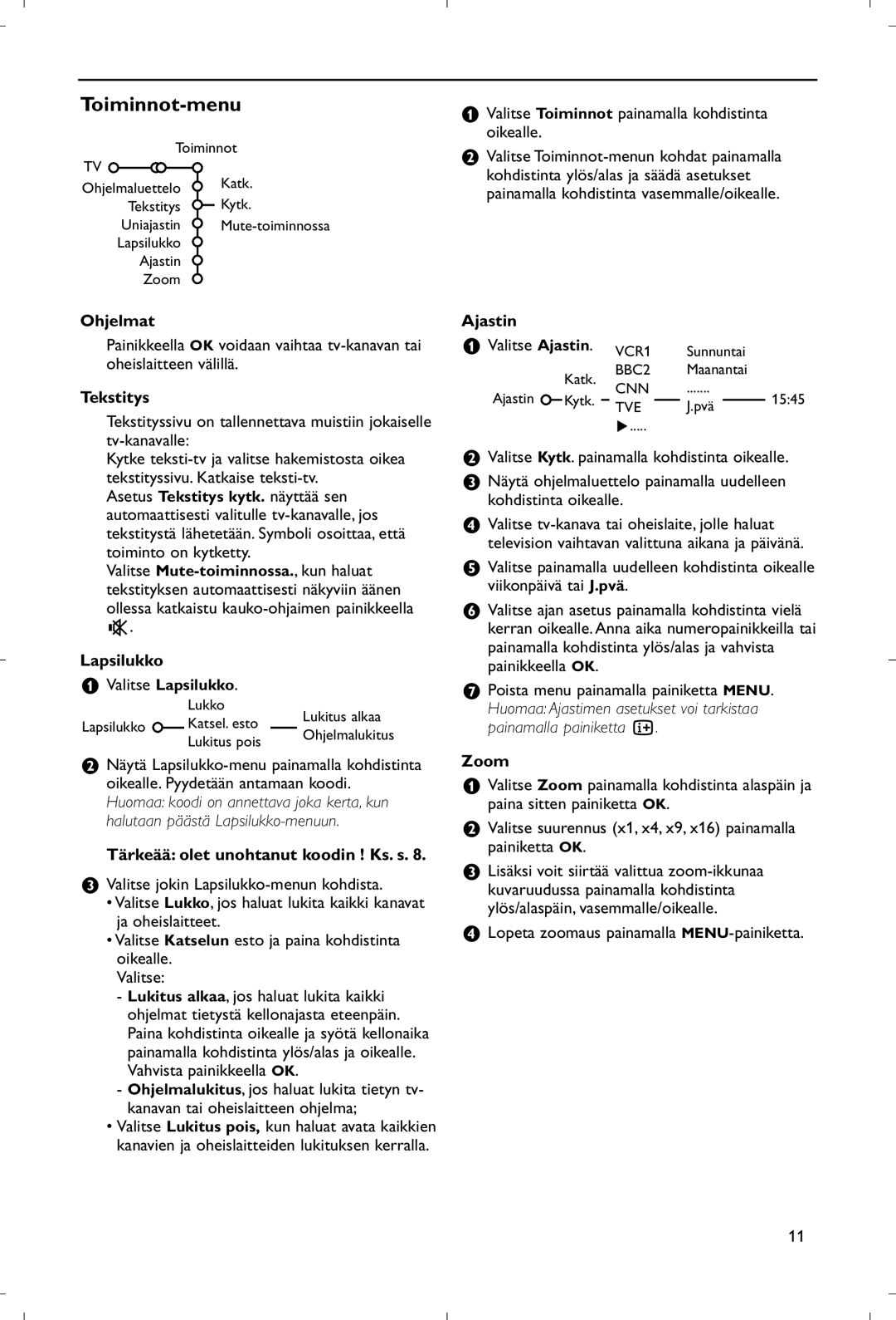 Philips 28PW9520/12 instruction manual Toiminnot-menu 