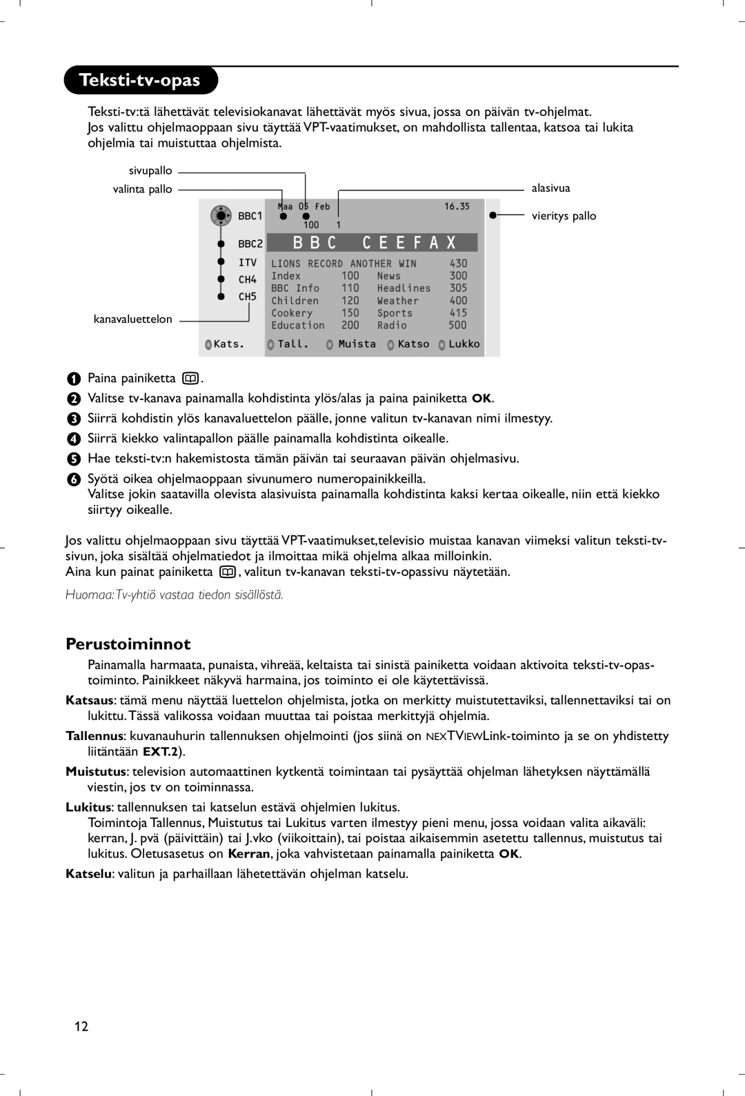 Philips 28PW9520/12 instruction manual Teksti-tv-opas, Perustoiminnot, Huomaa Tv-yhtiö vastaa tiedon sisällöstä 