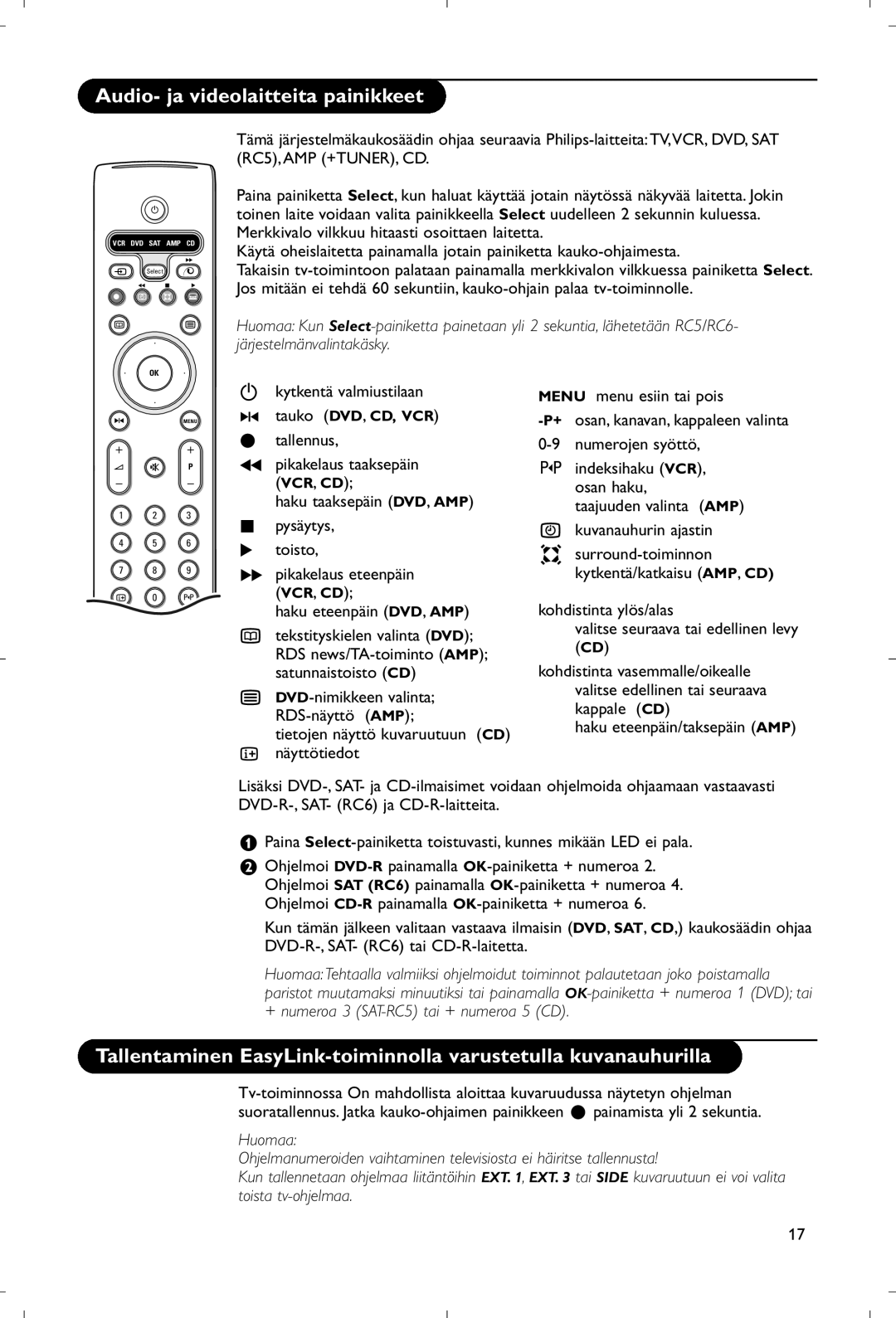 Philips 28PW9520/12 Audio- ja videolaitteita painikkeet, Kytkentä valmiustilaan Tauko DVD, CD, VCR Tallennus 