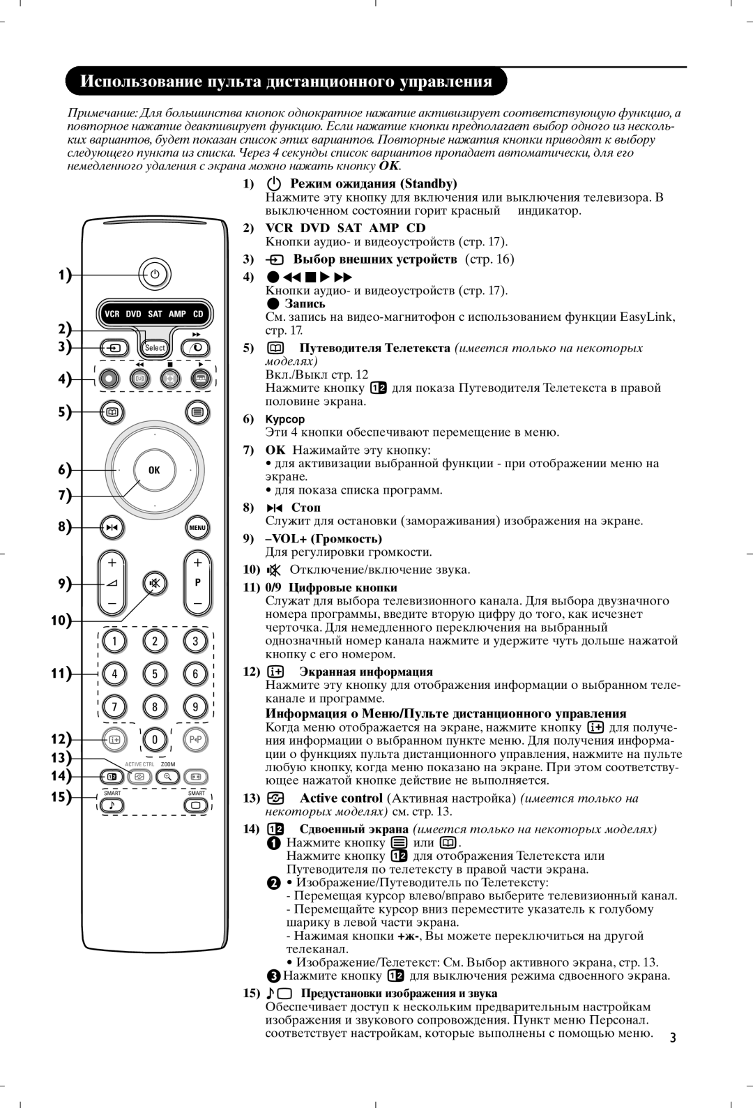 Philips 28PW9520/12 instruction manual Режим ожидания Standby, Выбор внешних устройств стр, Зaпиcь, Стоп, VOL+ Громкость 