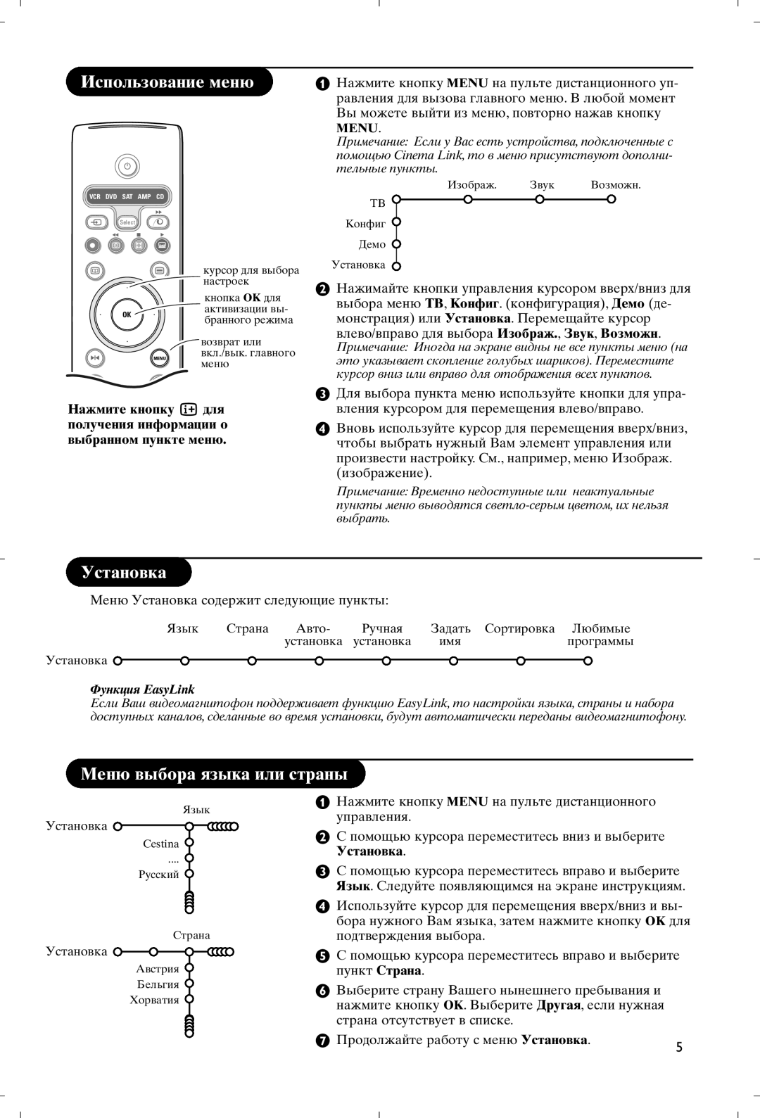 Philips 28PW9520/12 instruction manual Использование меню, Помощью курсора переместитесь вниз и выберите Установка 