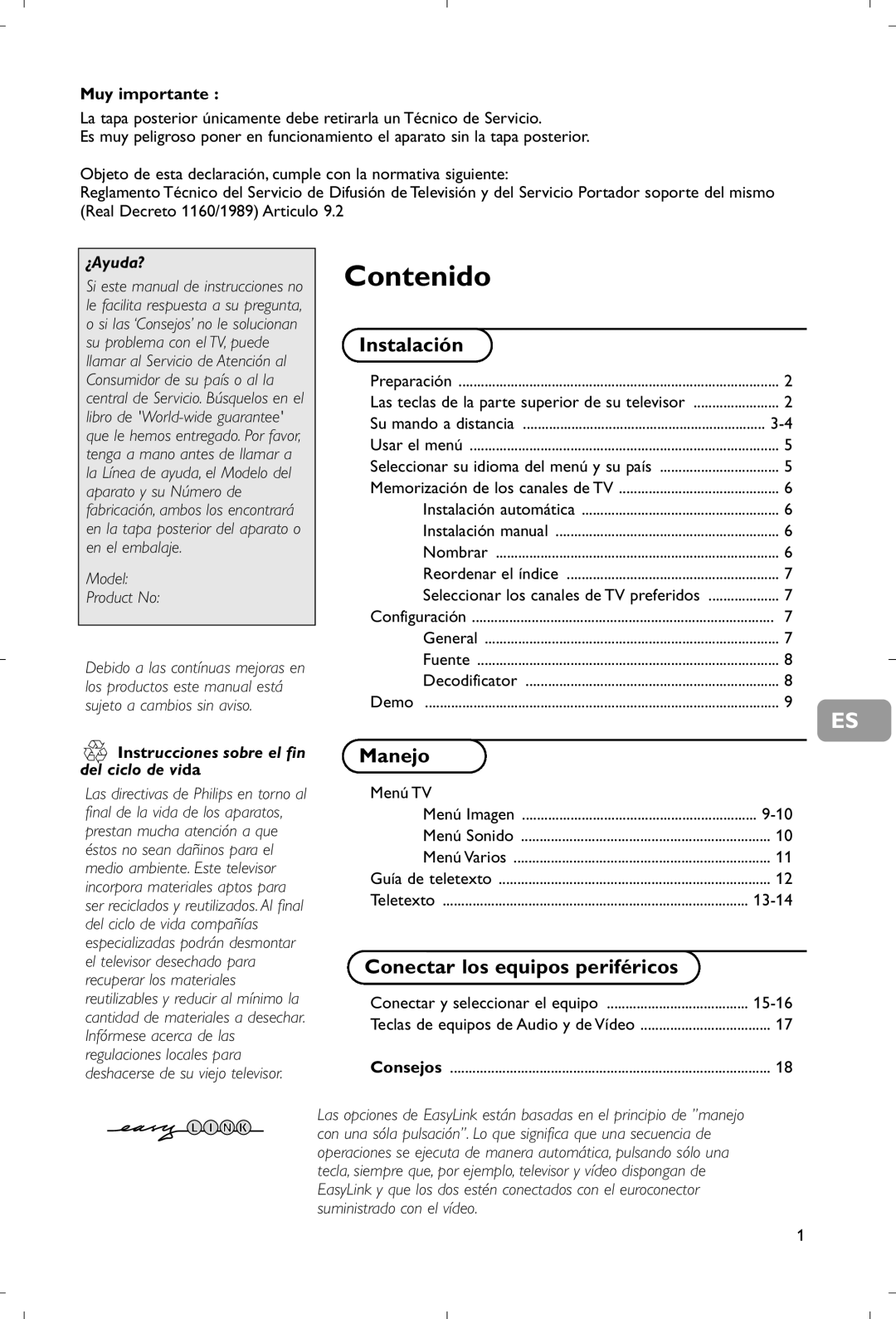 Philips 28PW9520/12 instruction manual Instalación, Manejo, Conectar los equipos periféricos, ¿Ayuda? 