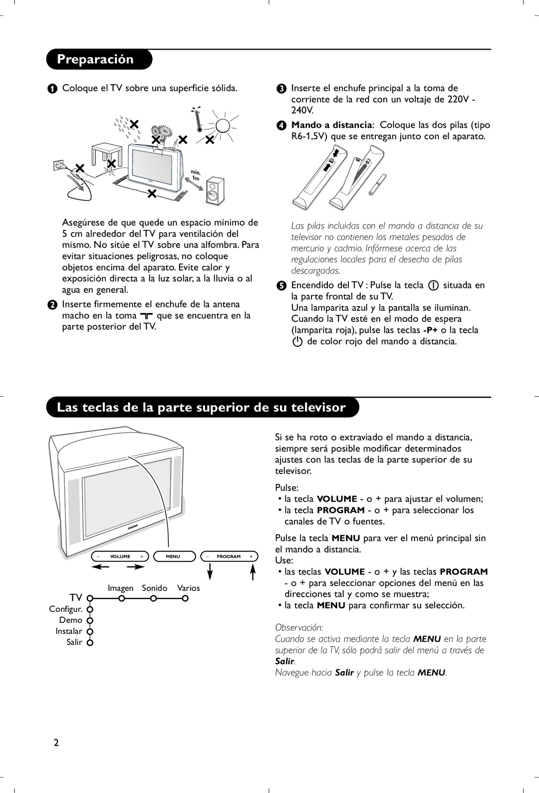 Philips 28PW9520/12 instruction manual Preparación, Las teclas de la parte superior de su televisor 