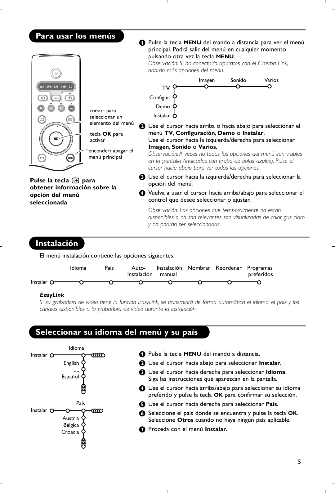 Philips 28PW9520/12 instruction manual Para usar los menús, Instalación, Seleccionar su idioma del menú y su país 