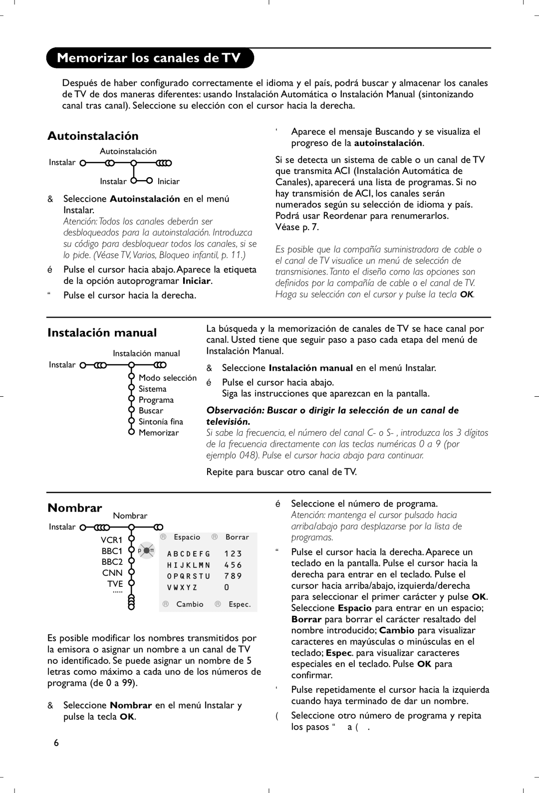 Philips 28PW9520/12 instruction manual Memorizar los canales de TV, Autoinstalación, Instalación manual, Nombrar 