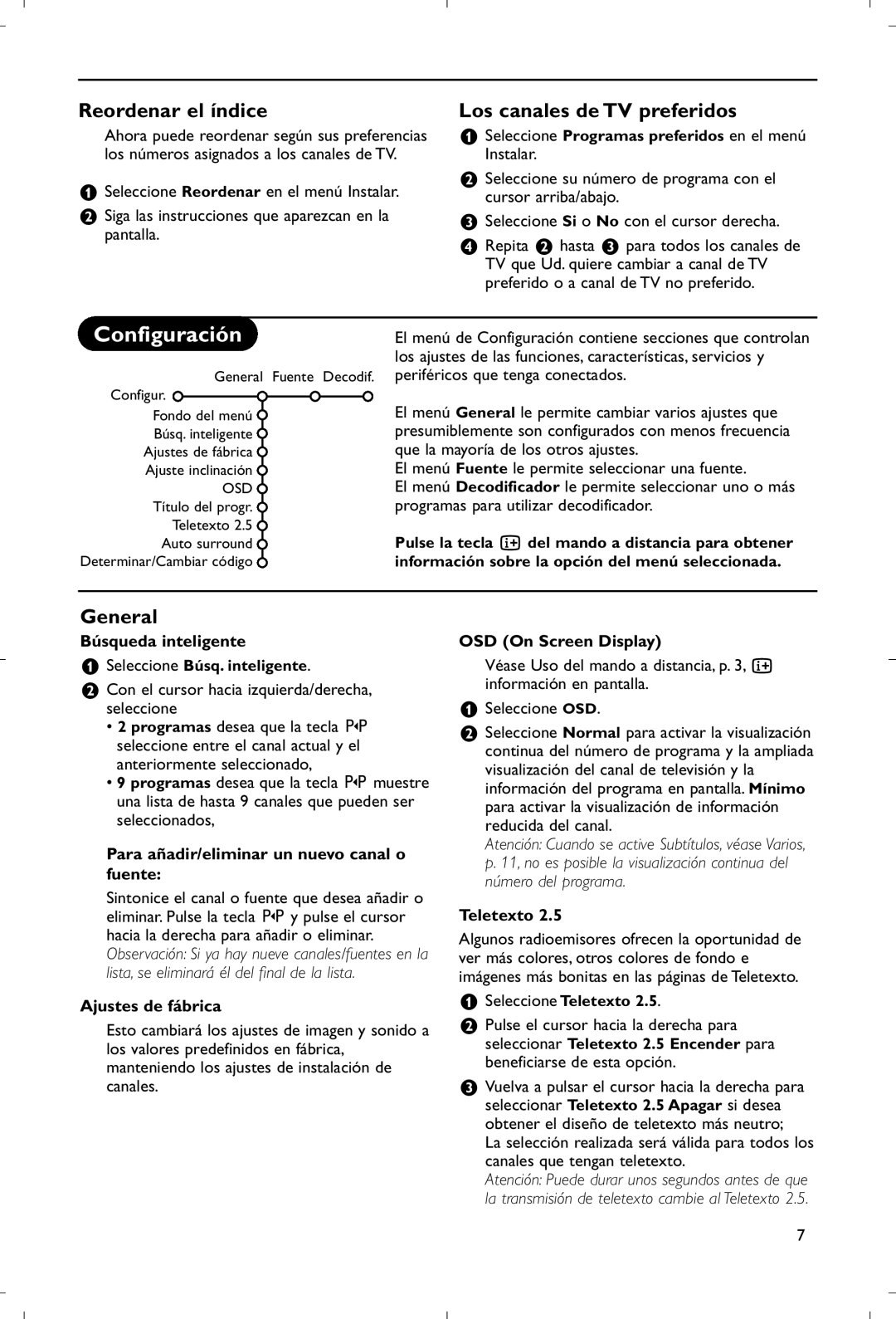 Philips 28PW9520/12 instruction manual Configuración, Reordenar el índice, Los canales de TV preferidos 