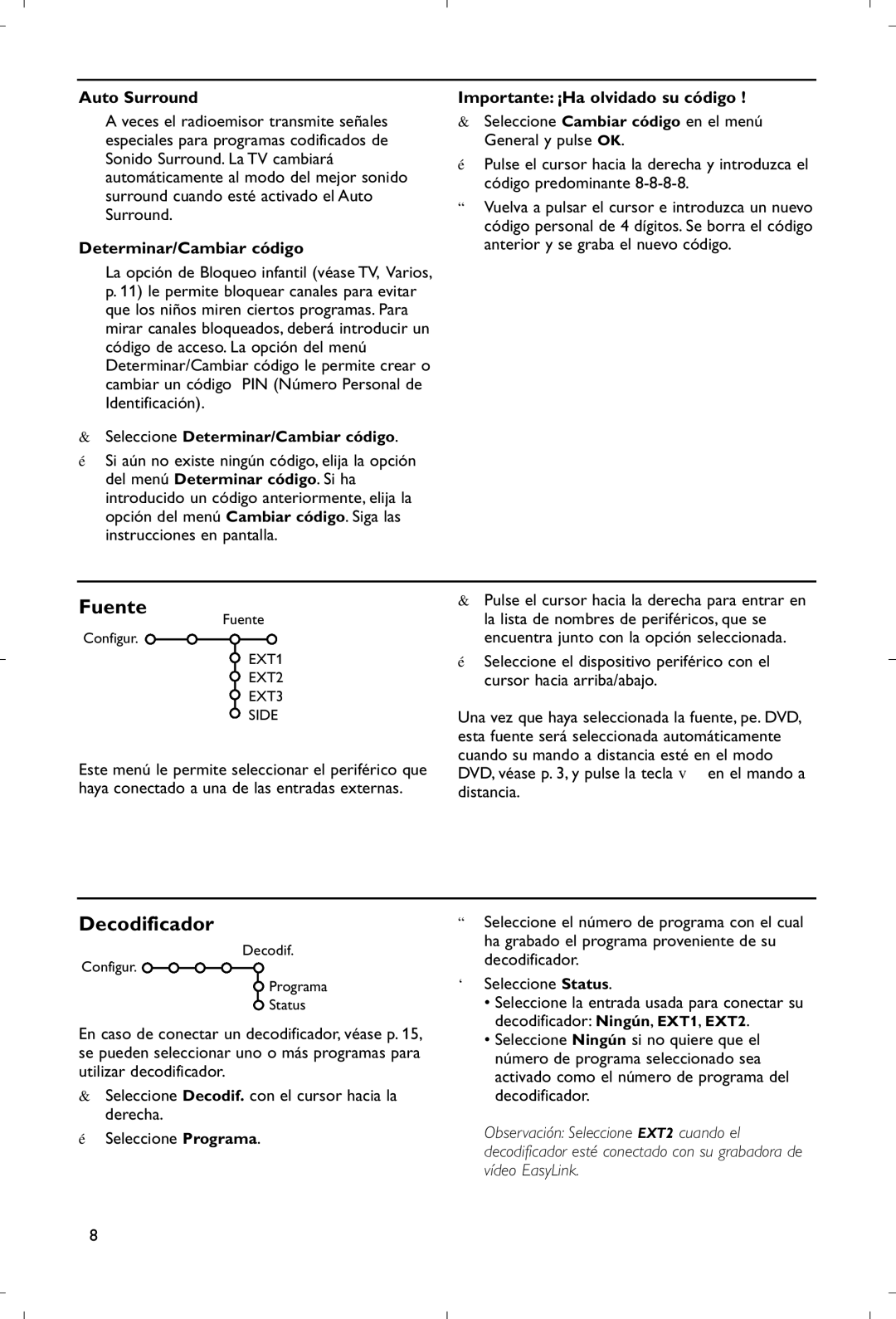 Philips 28PW9520/12 instruction manual Fuente, Decodificador, Determinar/Cambiar código, Importante ¡Ha olvidado su código 