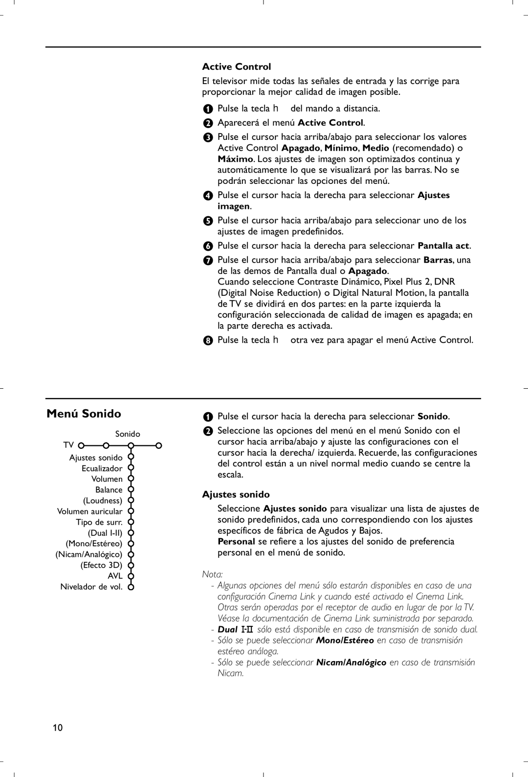 Philips 28PW9520/12 instruction manual Menú Sonido, Ajustes sonido, Dual I-II Mono/Estéreo, AVL Nivelador de vol 