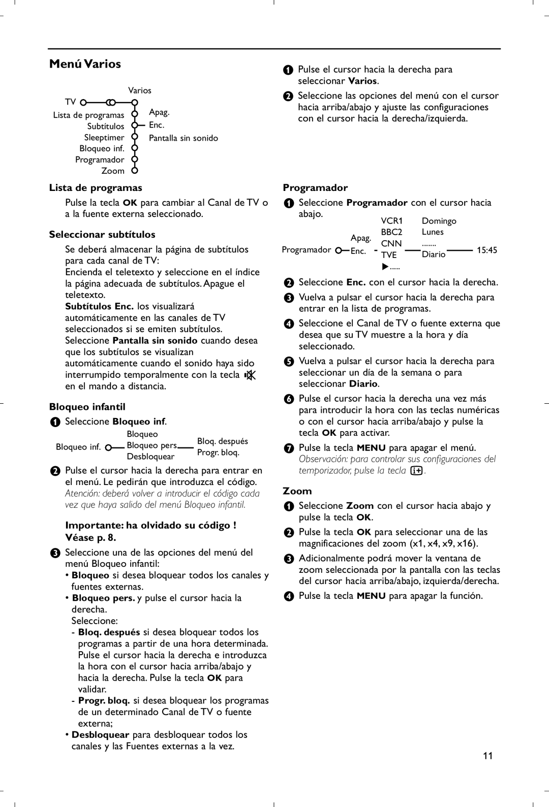 Philips 28PW9520/12 instruction manual Menú Varios 