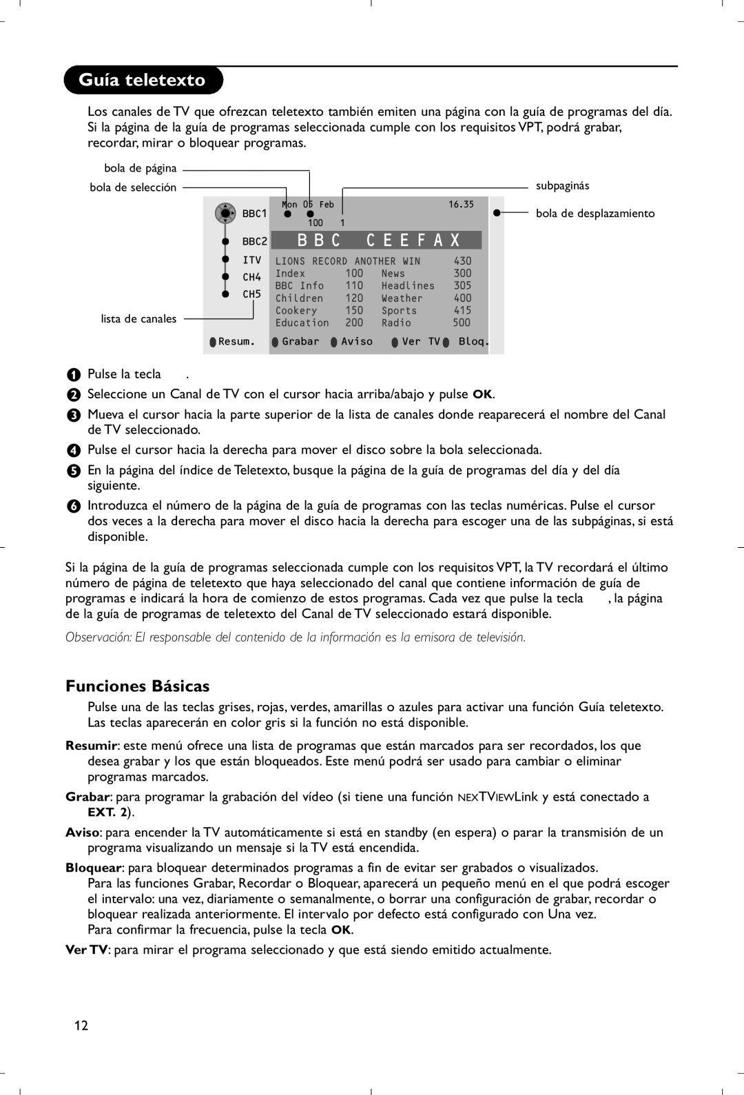 Philips 28PW9520/12 instruction manual Guía teletexto, Funciones Básicas 