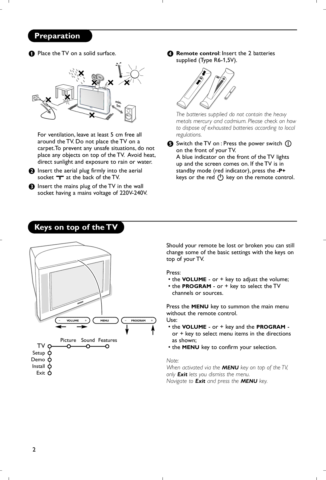 Philips 28PW9520/12 instruction manual Preparation, Keys on top of the TV, Picture Sound Features Setup Demo Install Exit 