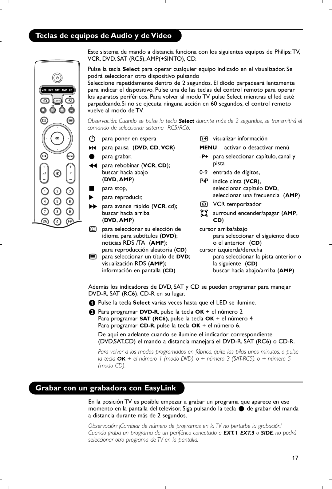 Philips 28PW9520/12 instruction manual Teclas de equipos de Audio y de Vídeo, Grabar con un grabadora con EasyLink 