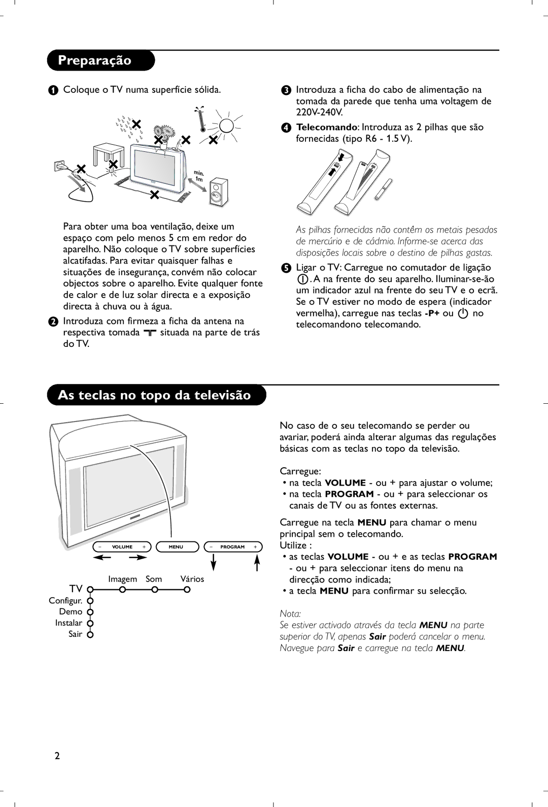 Philips 28PW9520/12 instruction manual Preparação, As teclas no topo da televisão 