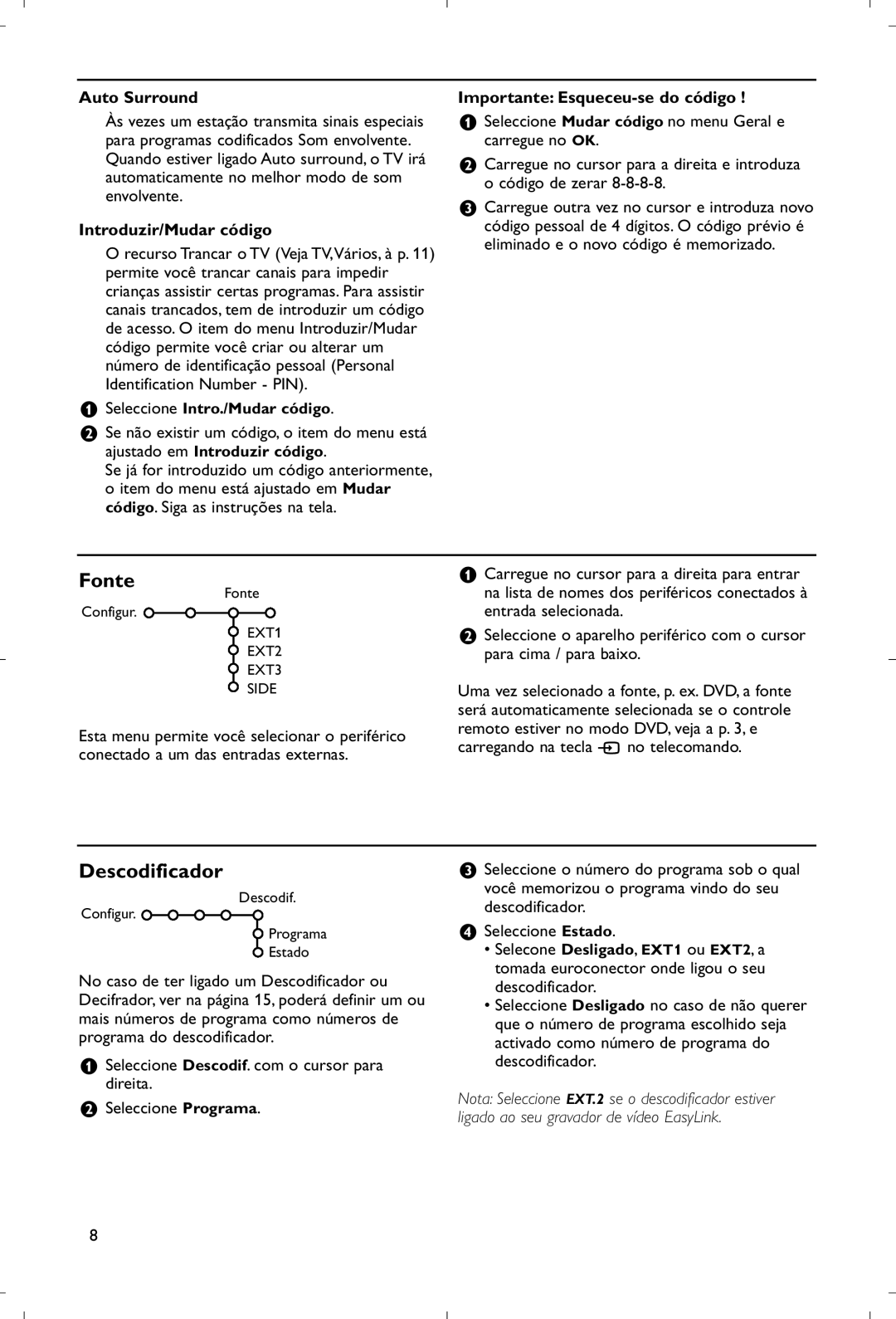 Philips 28PW9520/12 instruction manual Descodificador, Introduzir/Mudar código, Importante Esqueceu-se do código 