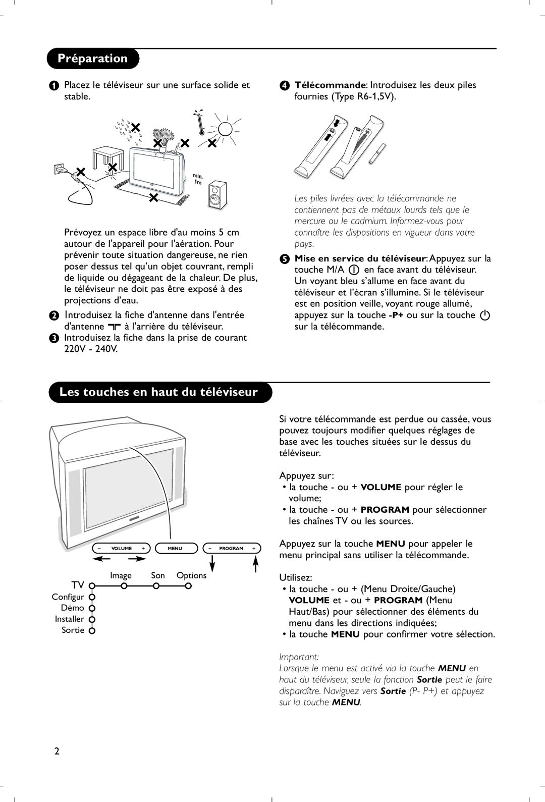 Philips 28PW9520/12 Préparation, Les touches en haut du téléviseur, Introduisez la fiche dans la prise de courant 220V 