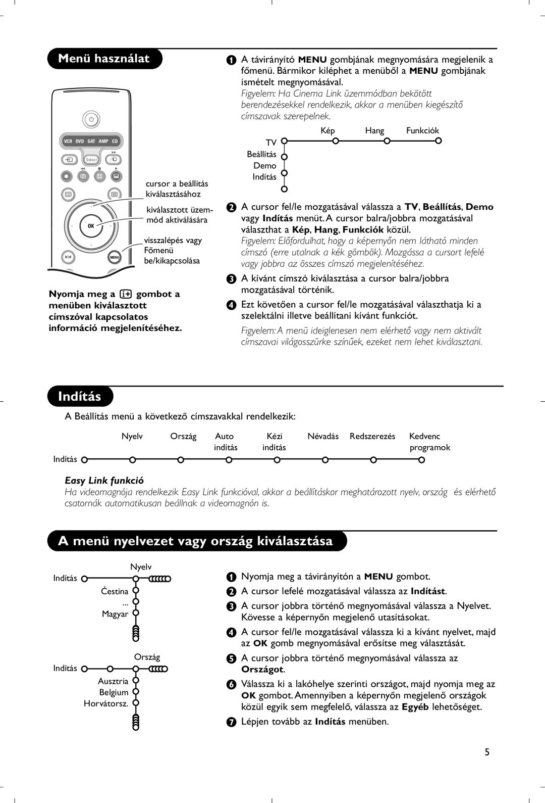 Philips 28PW9520/12 instruction manual Indítás, Menü nyelvezet vagy ország kiválasztása, Menü használat, Easy Link funkció 