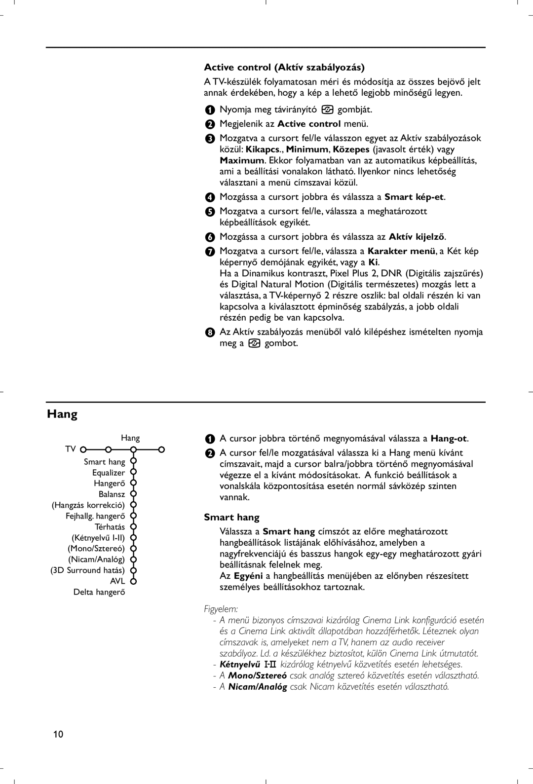 Philips 28PW9520/12 instruction manual Hang, Active control Aktív szabályozás, Smart hang, Figyelem 