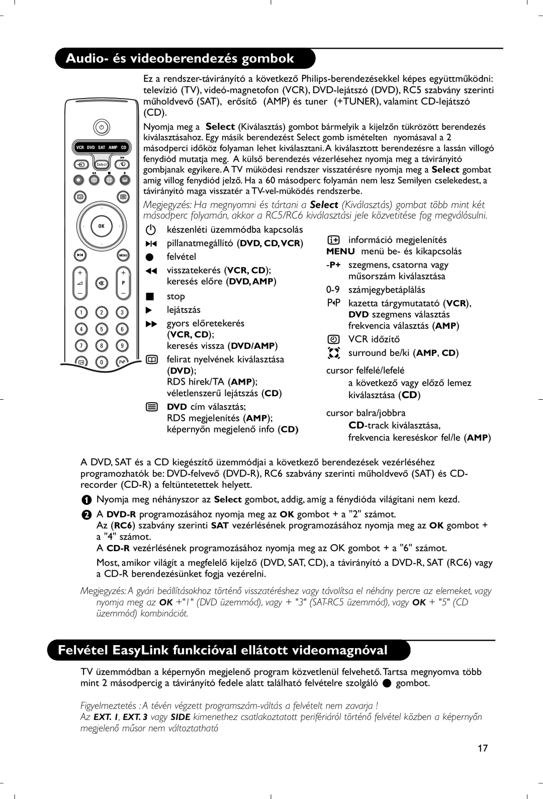 Philips 28PW9520/12 Audio- és videoberendezés gombok, Felvétel EasyLink funkcióval ellátott videomagnóval 