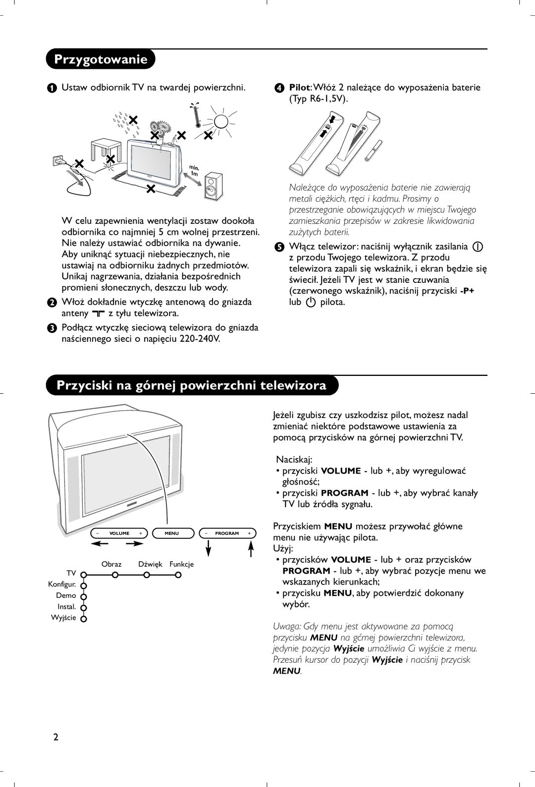 Philips 28PW9520/12 Przygotowanie, Przyciski na górnej powierzchni telewizora, Ustaw odbiornik TV na twardej powierzchni 