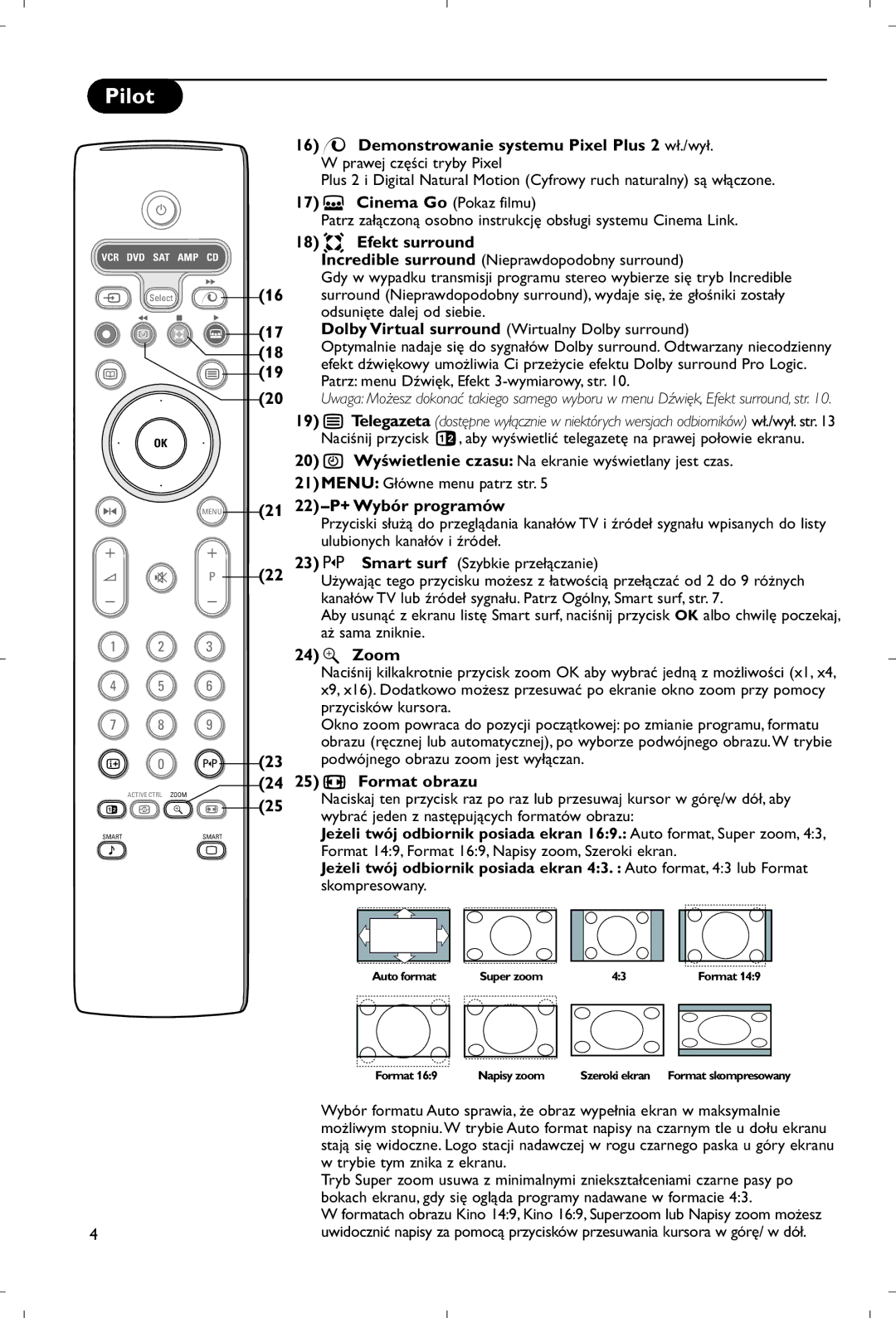 Philips 28PW9520/12 instruction manual 17 Ì Cinema Go Pokaz filmu, Efekt surround, 22 -P+ Wybór programów, Format obrazu 