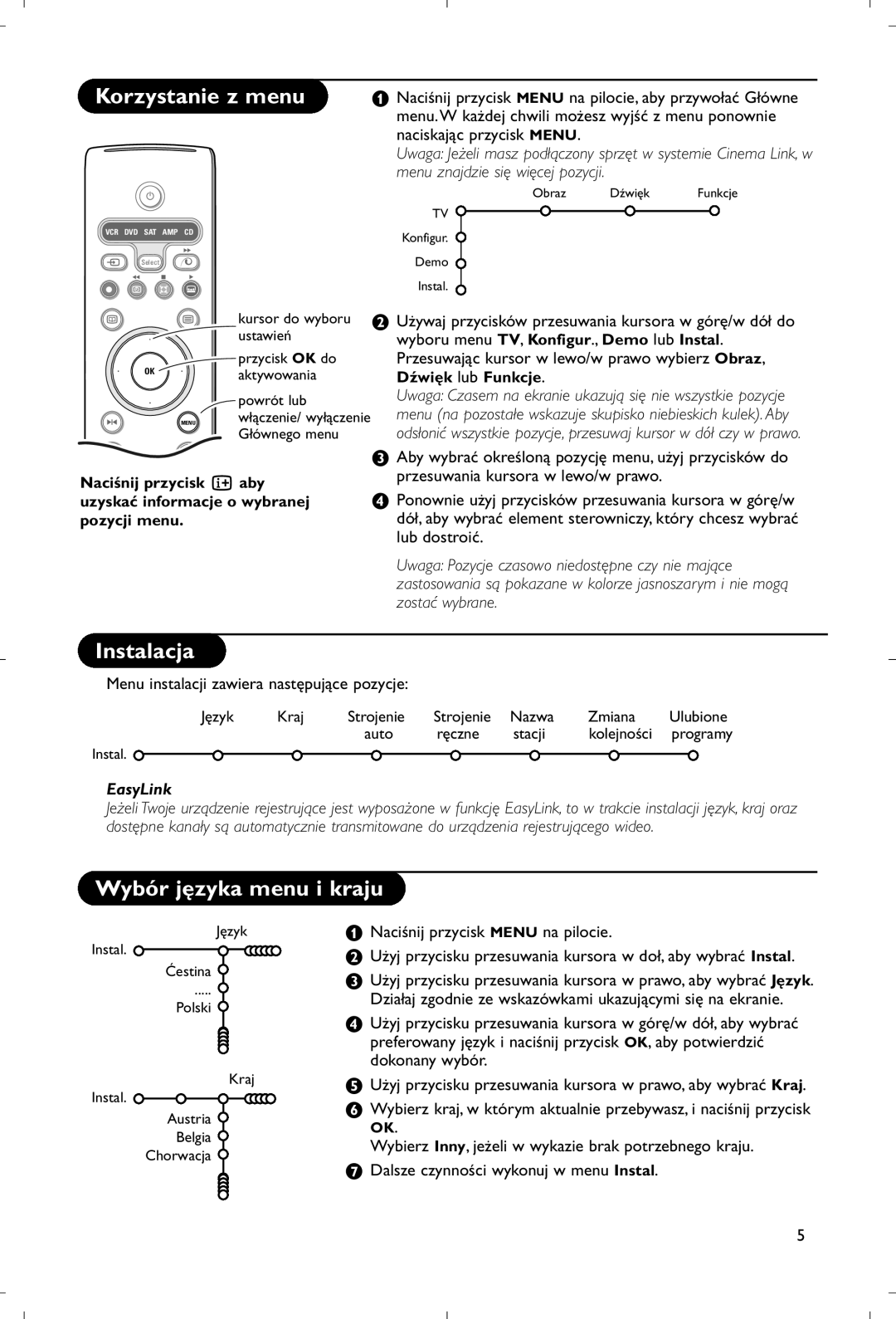 Philips 28PW9520/12 Korzystanie z menu, Instalacja, Wybór języka menu i kraju, Menu instalacji zawiera następujące pozycje 