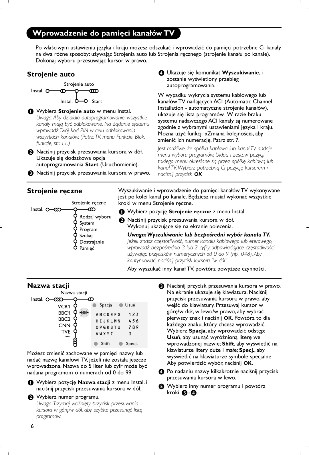 Philips 28PW9520/12 instruction manual Wprowadzenie do pamięci kanałów TV, Strojenie auto, Strojenie ręczne, Nazwa stacji 