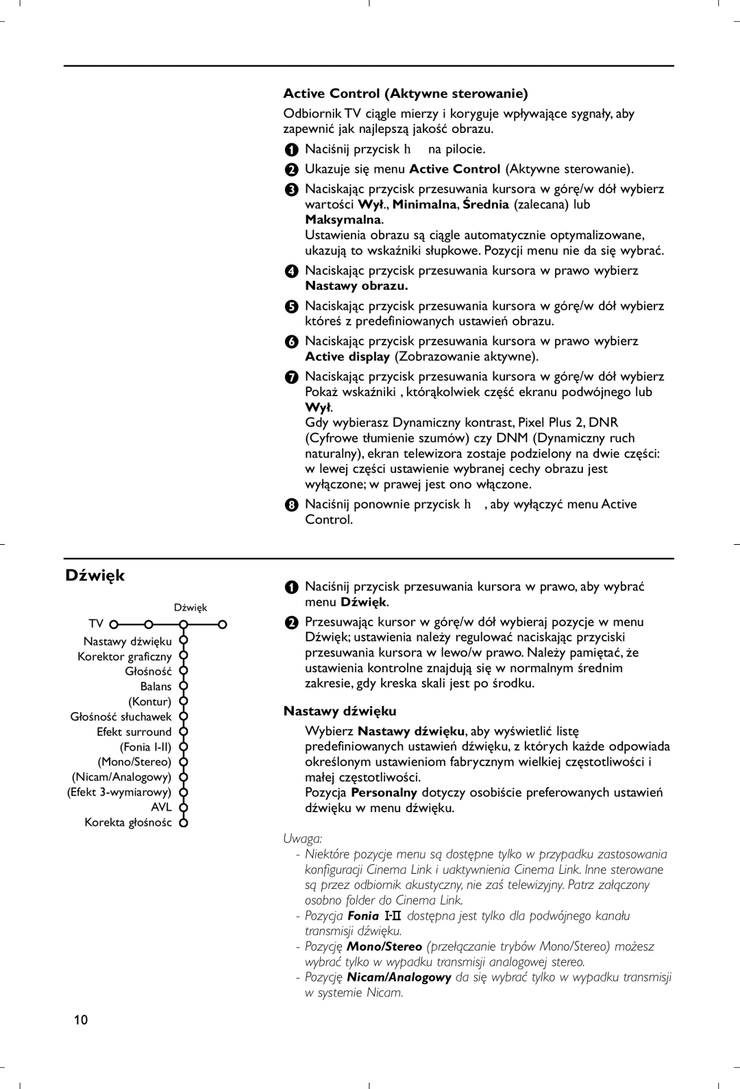 Philips 28PW9520/12 instruction manual Dźwięk, Active Control Aktywne sterowanie, Nastawy dźwięku, Uwaga 