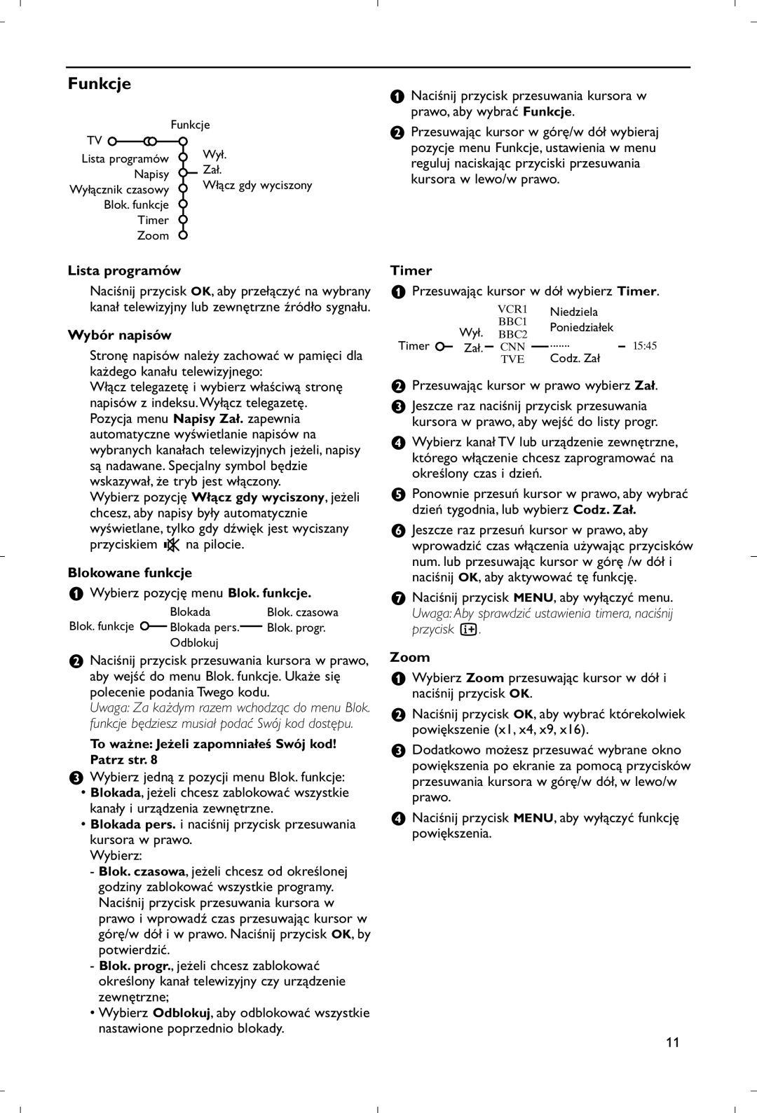 Philips 28PW9520/12 instruction manual Funkcje, Lista programów, Wybór napisów, Blokowane funkcje 