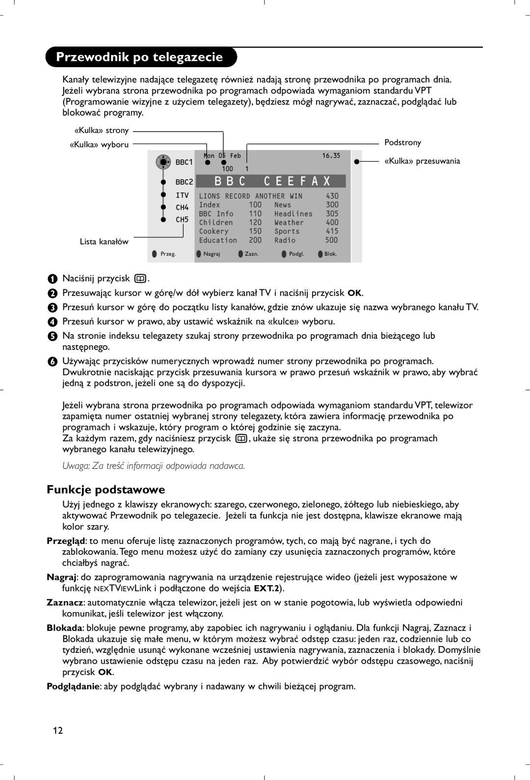 Philips 28PW9520/12 Przewodnik po telegazecie, Funkcje podstawowe, Uwaga Za treść informacji odpowiada nadawca 