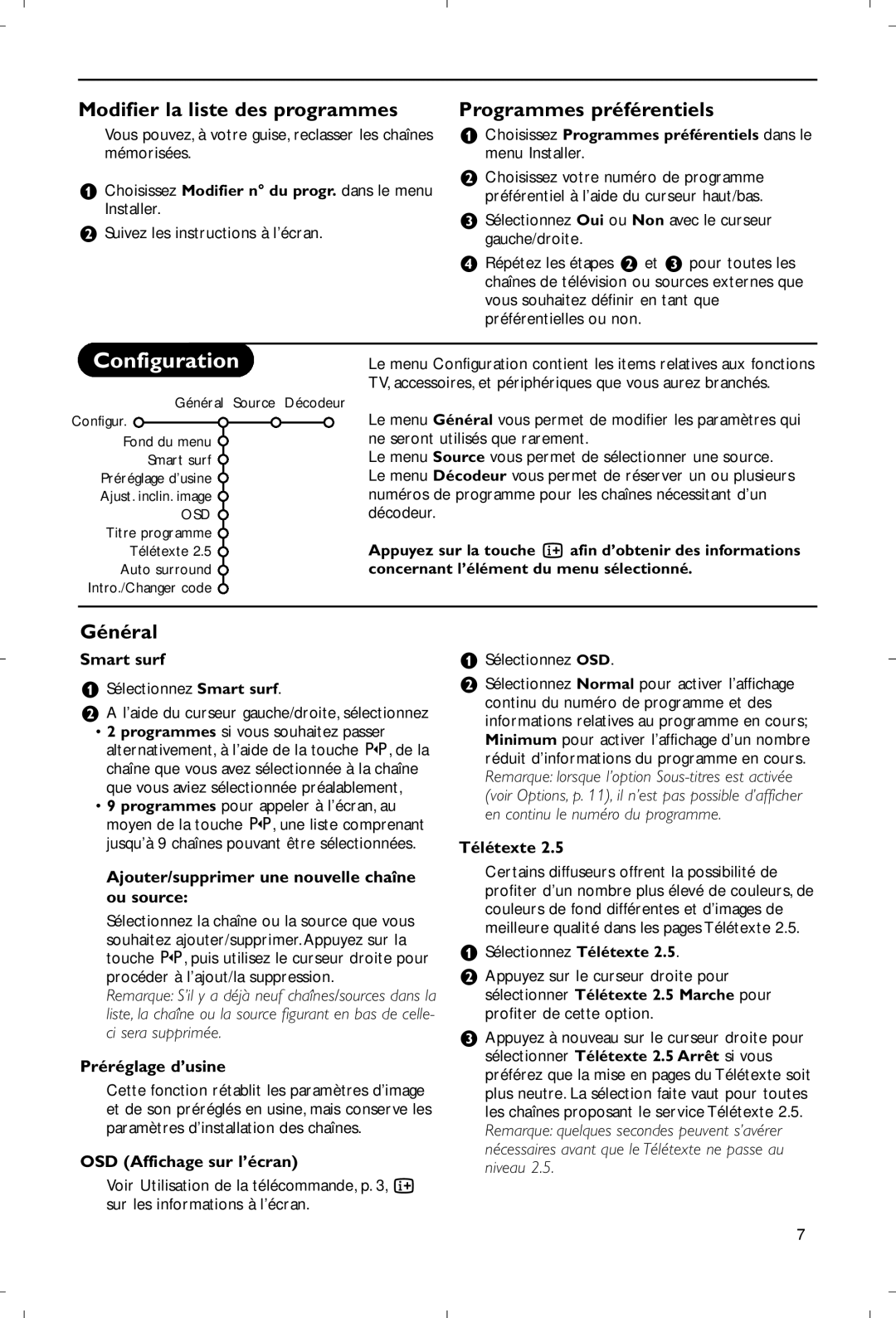 Philips 28PW9520/12 instruction manual Configuration, Modifier la liste des programmes Programmes préférentiels, Général 