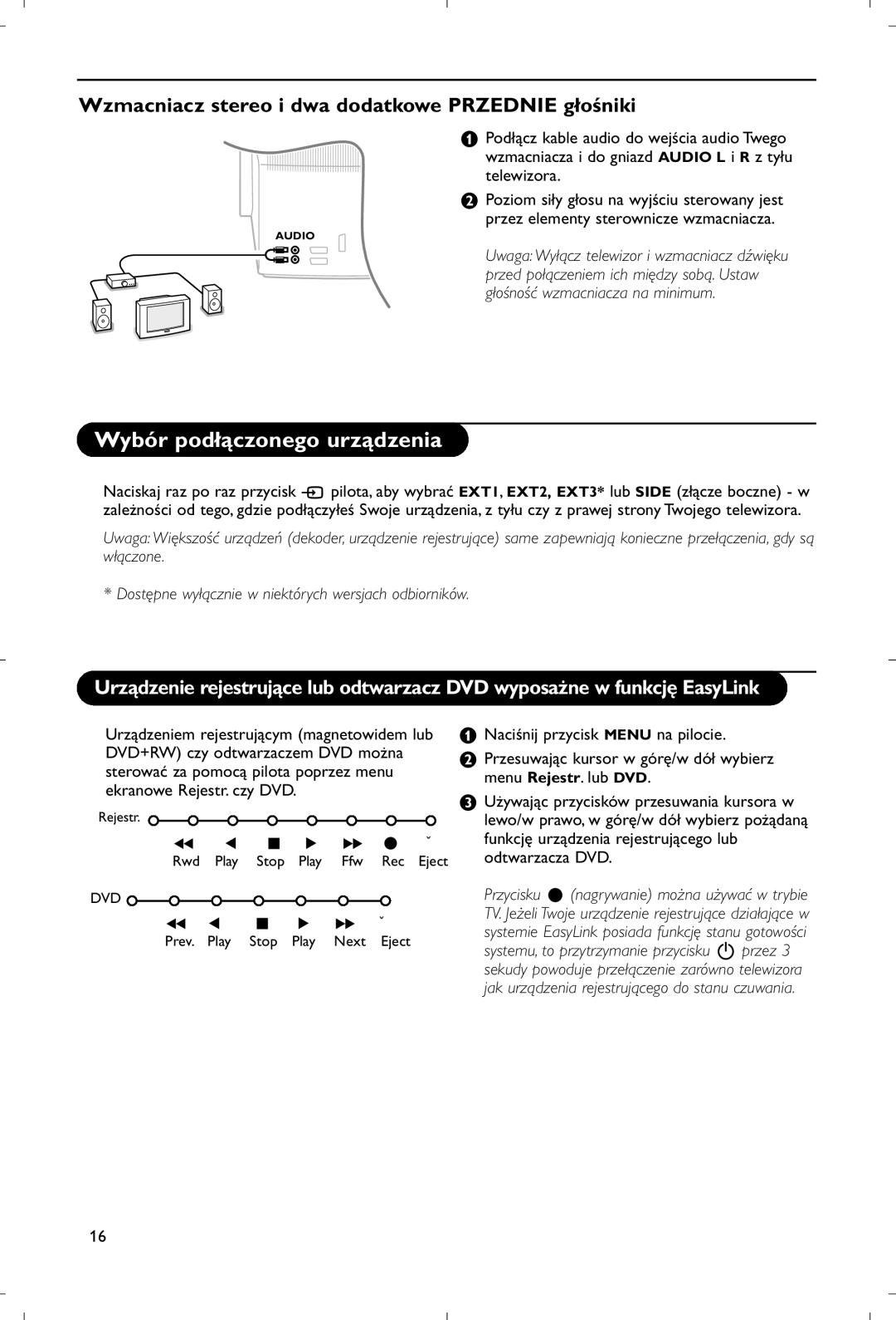 Philips 28PW9520/12 instruction manual Wybór podłączonego urządzenia, Wzmacniacz stereo i dwa dodatkowe Przednie głośniki 