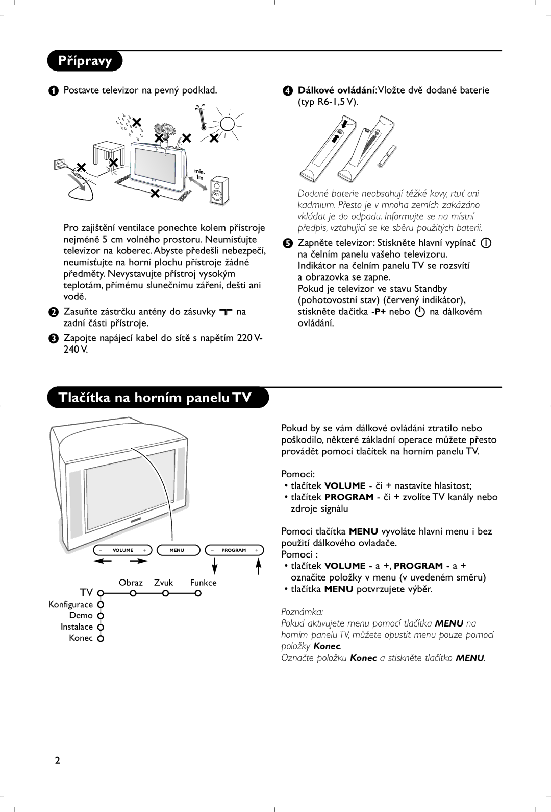 Philips 28PW9520/12 instruction manual Přípravy, Tlačítka na horním panelu TV, Tlačítka Menu potvrzujete výběr 