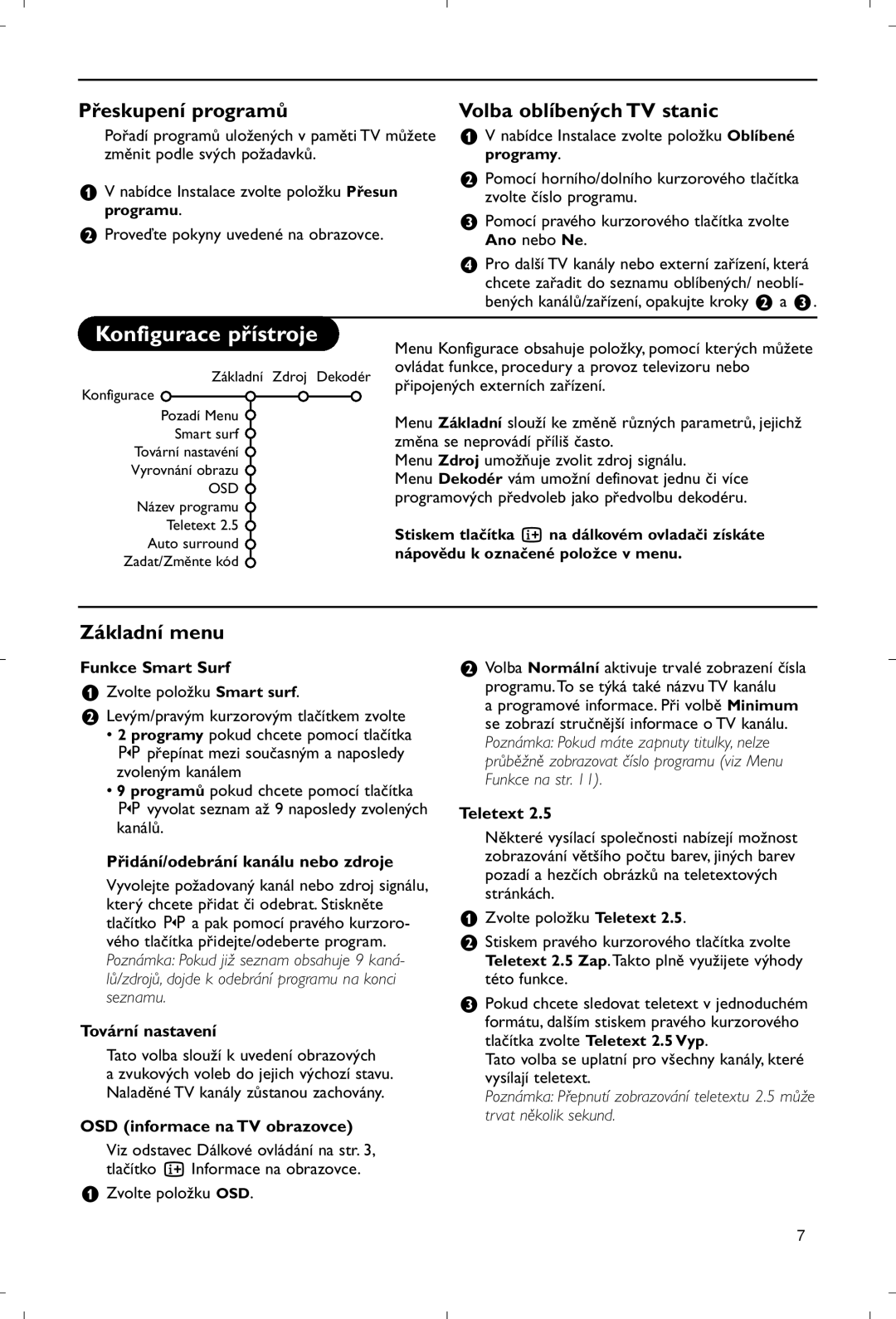 Philips 28PW9520/12 instruction manual Konfigurace přístroje, Přeskupení programů, Základní menu 