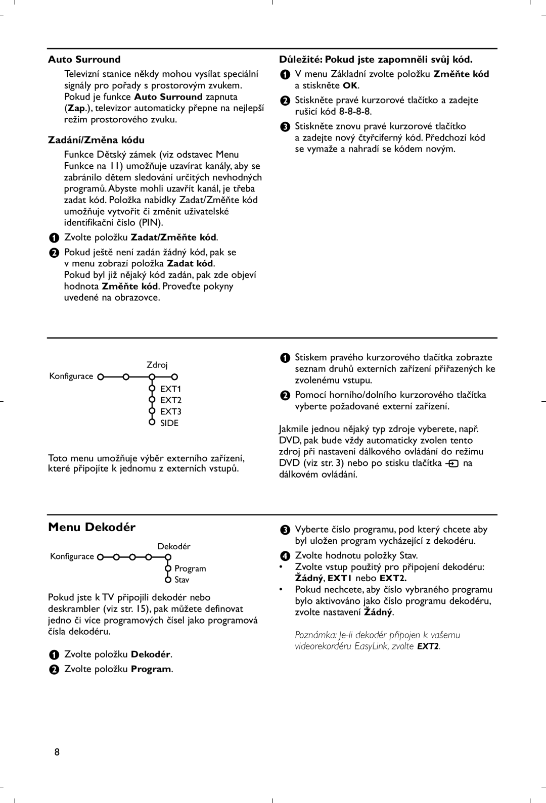 Philips 28PW9520/12 instruction manual Menu Zdroj, Menu Dekodér, Zadání/Změna kódu, Důležité Pokud jste zapomněli svůj kód 