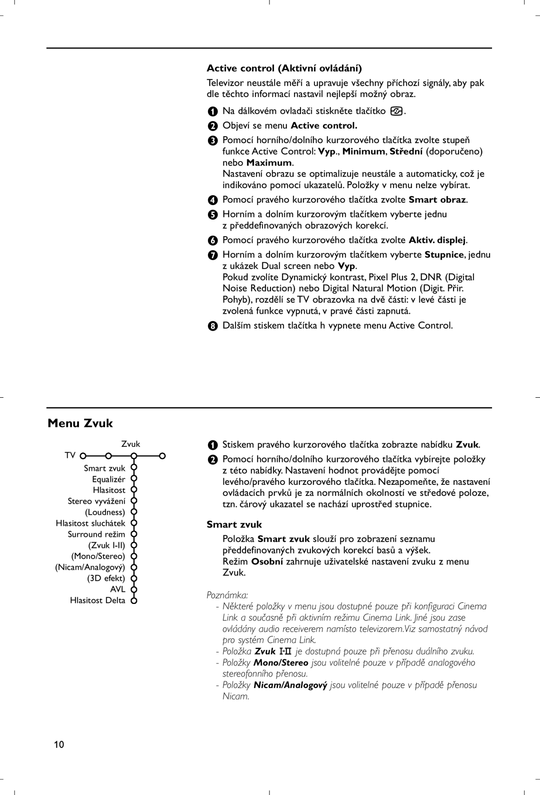 Philips 28PW9520/12 instruction manual Menu Zvuk, Active control Aktivní ovládání, Smart zvuk, Poznámka 