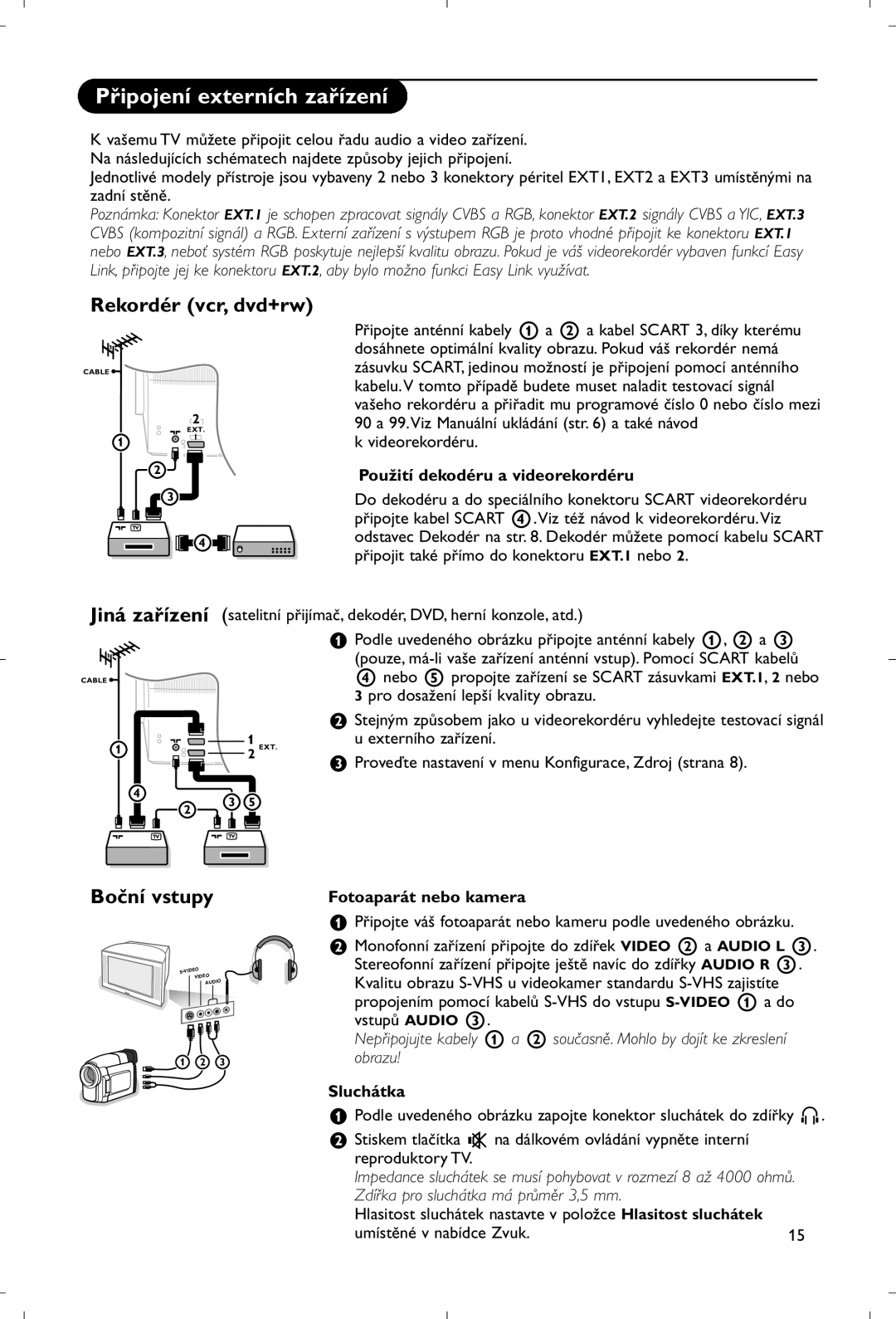 Philips 28PW9520/12 instruction manual Připojení externích zařízení, Rekordér vcr, dvd+rw, Jiná zařízení, Boční vstupy 