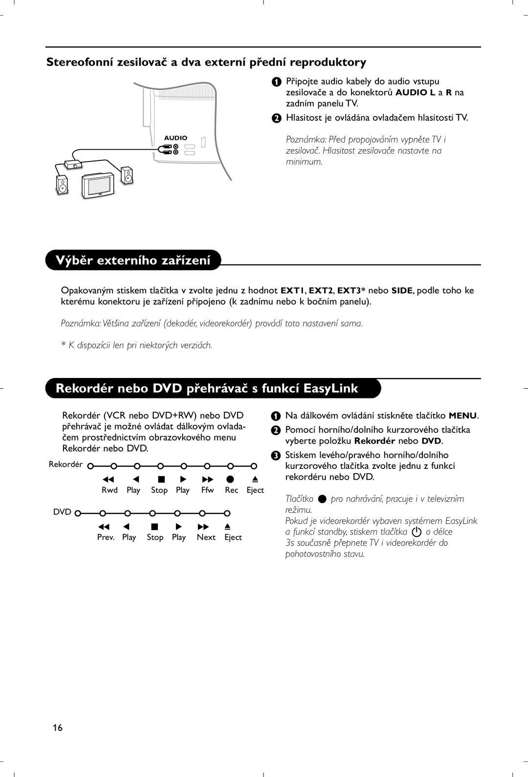 Philips 28PW9520/12 instruction manual Výběr externího zařízení, Rekordér nebo DVD přehrávač s funkcí EasyLink, Minimum 