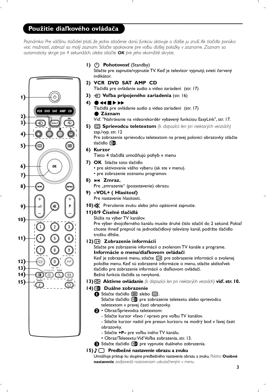 Philips 28PW9520/12 instruction manual Použitie diaľkového ovládača 