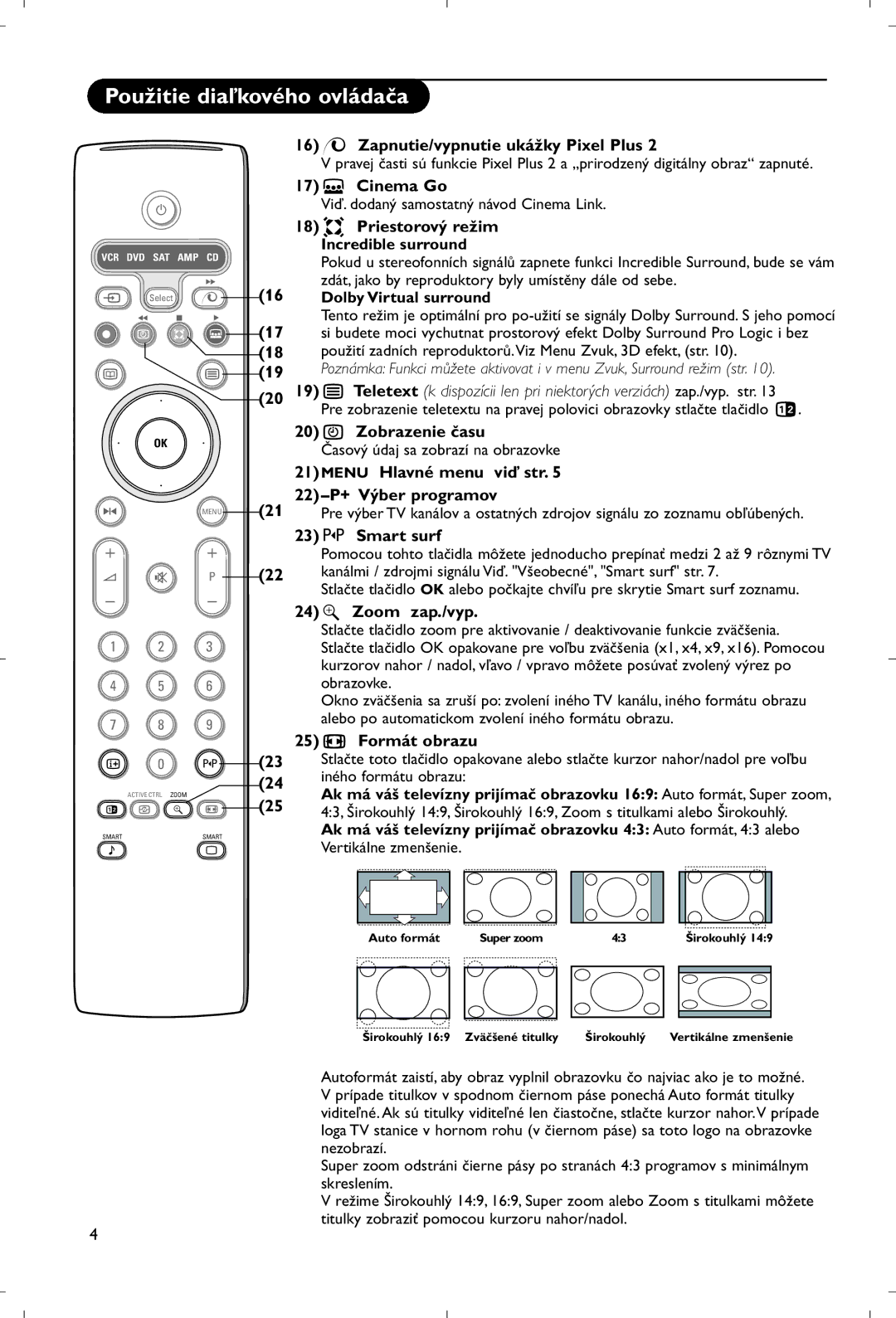 Philips 28PW9520/12 Zapnutie/vypnutie ukážky Pixel Plus, 17 Ì Cinema Go, Priestorový režim, Zobrazenie času, Zoom zap./vyp 