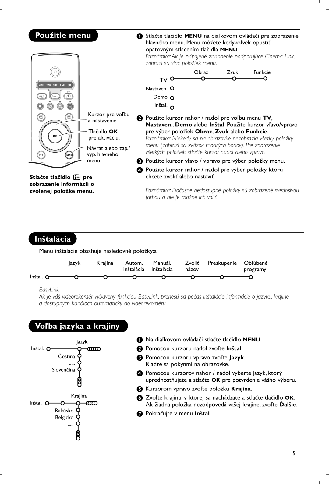 Philips 28PW9520/12 instruction manual Použitie menu, Inštalácia, Voľba jazyka a krajiny 