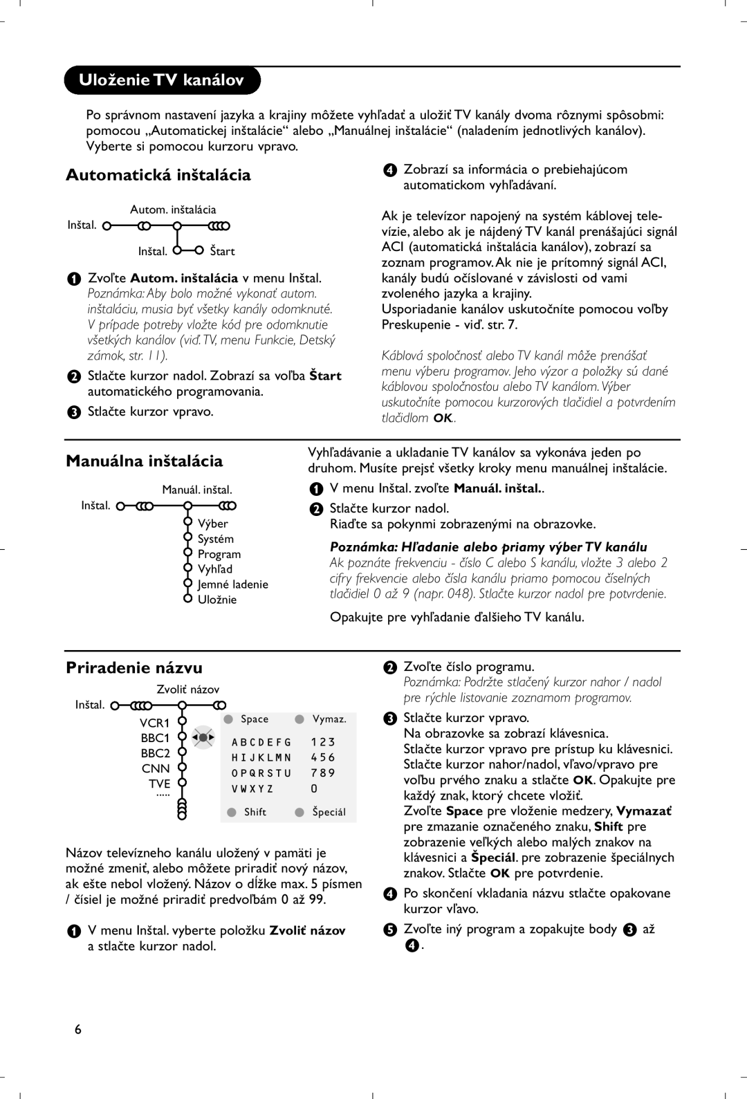 Philips 28PW9520/12 instruction manual Uloženie TV kanálov, Automatická inštalácia, Manuálna inštalácia, Priradenie názvu 