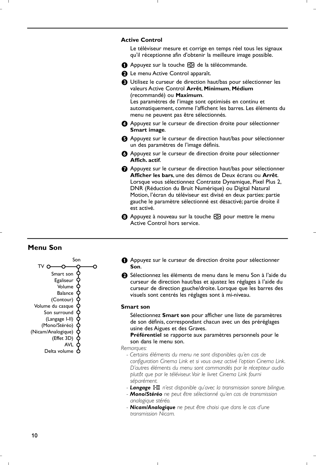 Philips 28PW9520/12 instruction manual Menu Son, Son Smart son Egaliseur Volume Balance Contour, Mono/Stéréo 