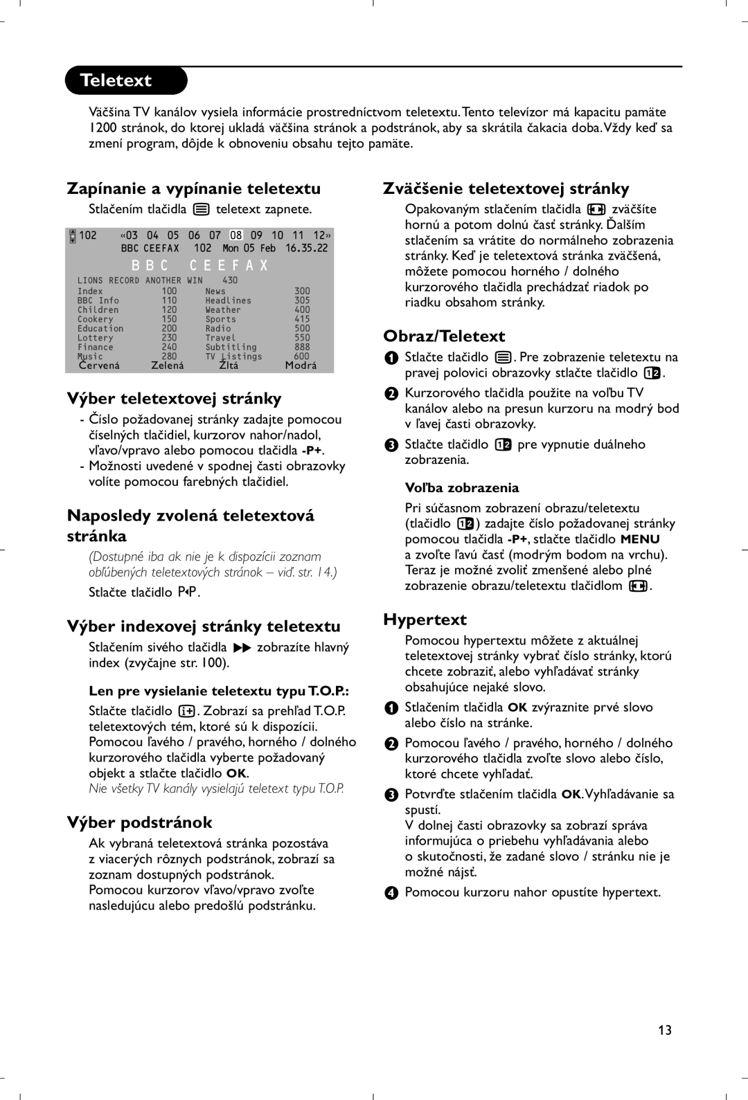 Philips 28PW9520/12 Zapínanie a vypínanie teletextu, Výber teletextovej stránky, Naposledy zvolená teletextová stránka 