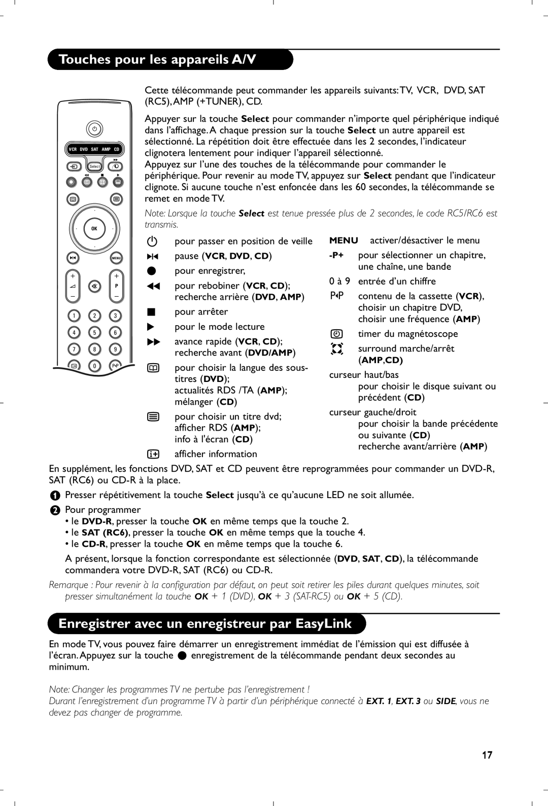 Philips 28PW9520/12 Touches pour les appareils A/V, Enregistrer avec un enregistreur par EasyLink, Timer du magnétoscope 